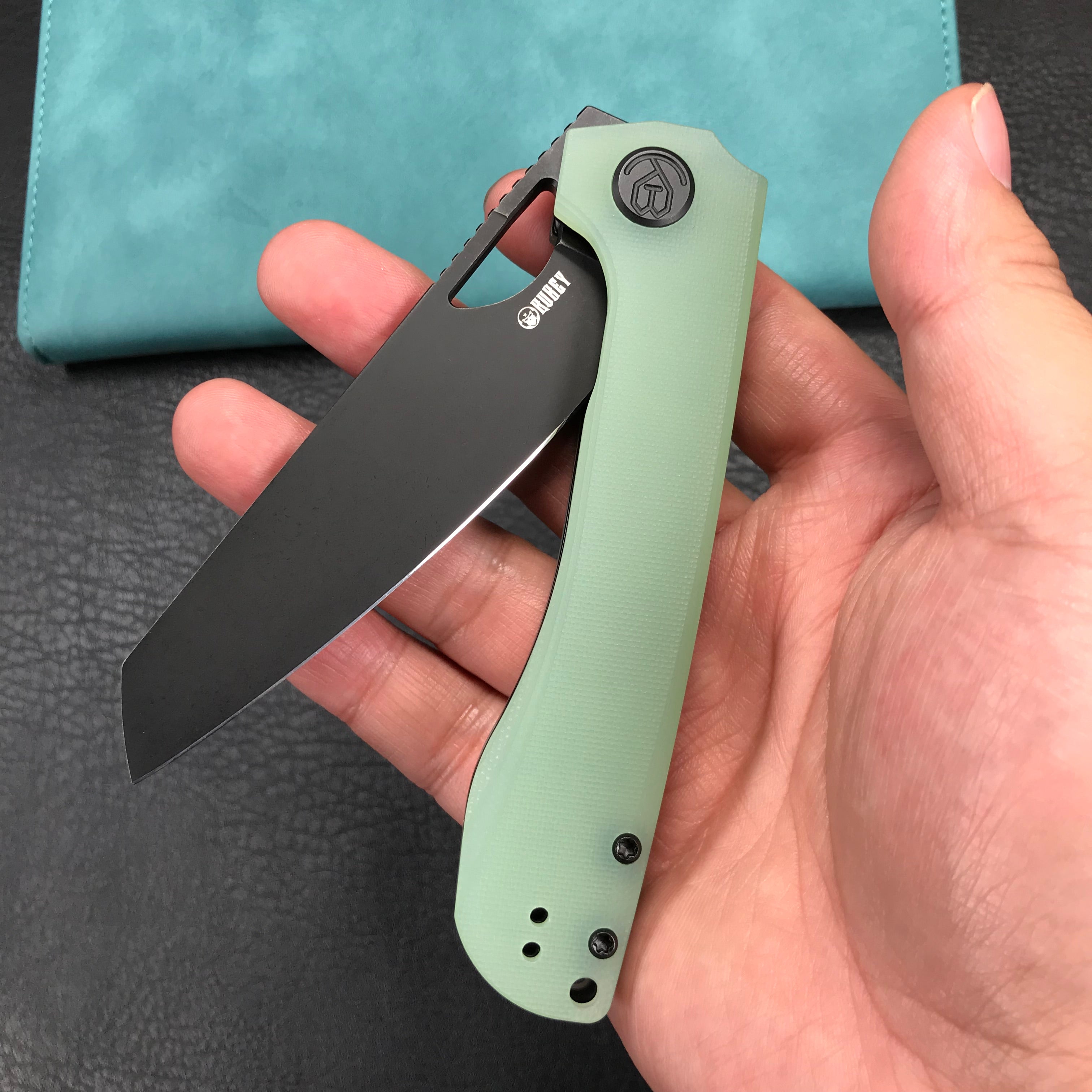 KUBEY KU365D Elang Liner Lock Folding Knife Jade G10 Handle 3.94" Blackwashed Sheepsfoot AUS-10