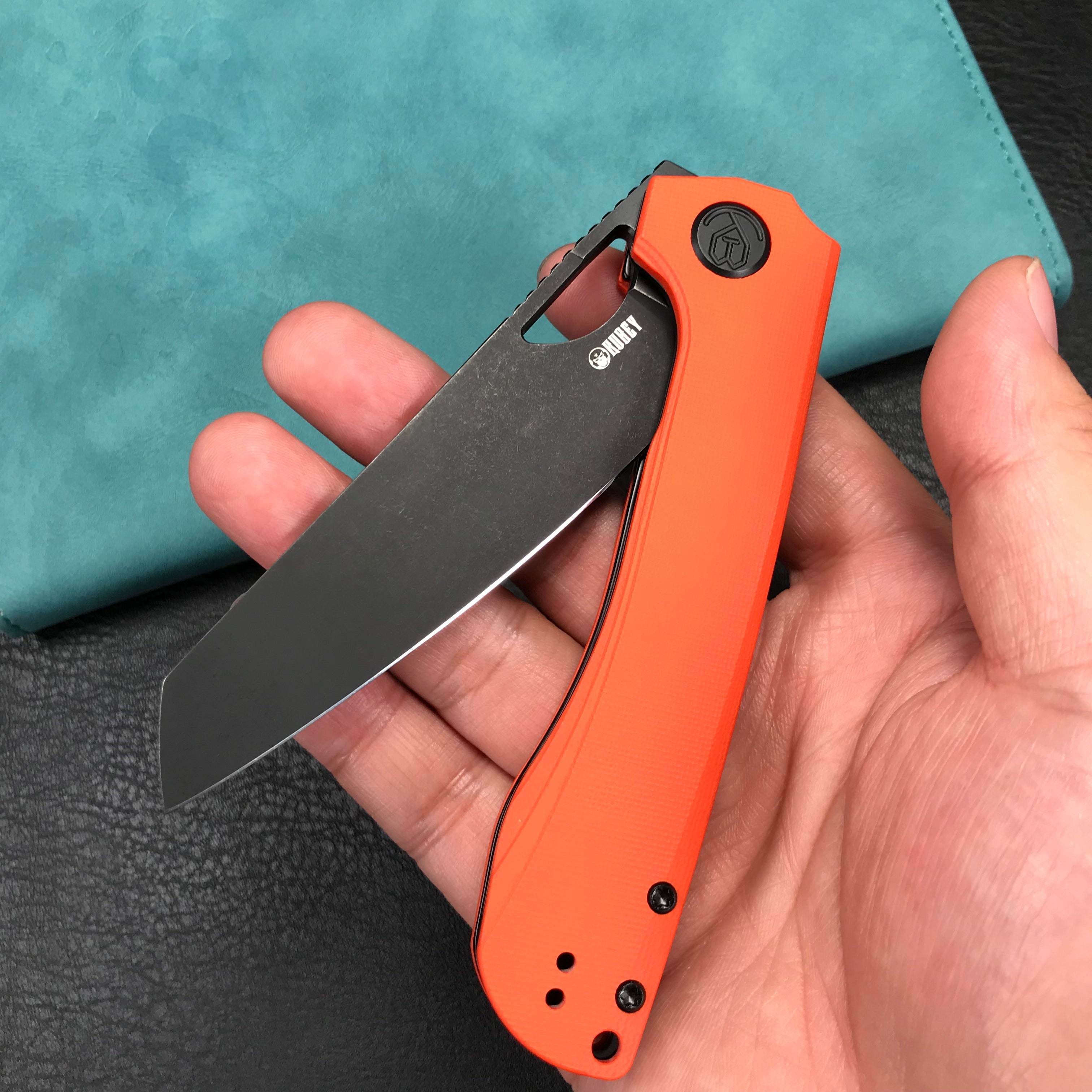 KUBEY KU365B Elang Liner Lock Folding Knife Orange G10 Handle 3.94" Blackwashed Sheepsfoot AUS-10