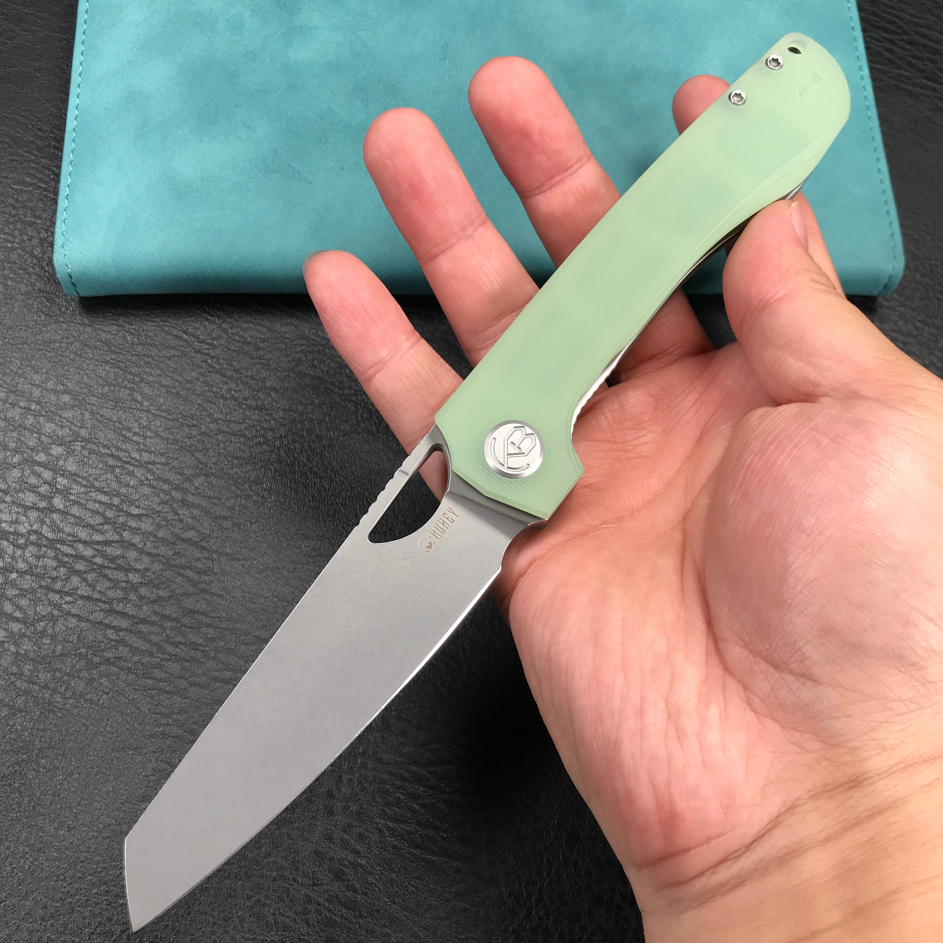 KUBEY KU365C Elang Liner Lock Folding Knife Jade G10 Handle 3.94" Bead Blasted Sheepsfoot AUS-10