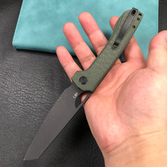 KUBEY KU365F Elang Liner Lock Folding Knife Green Micarta Handle 3.94" Blackwashed Sheepsfoot AUS-10