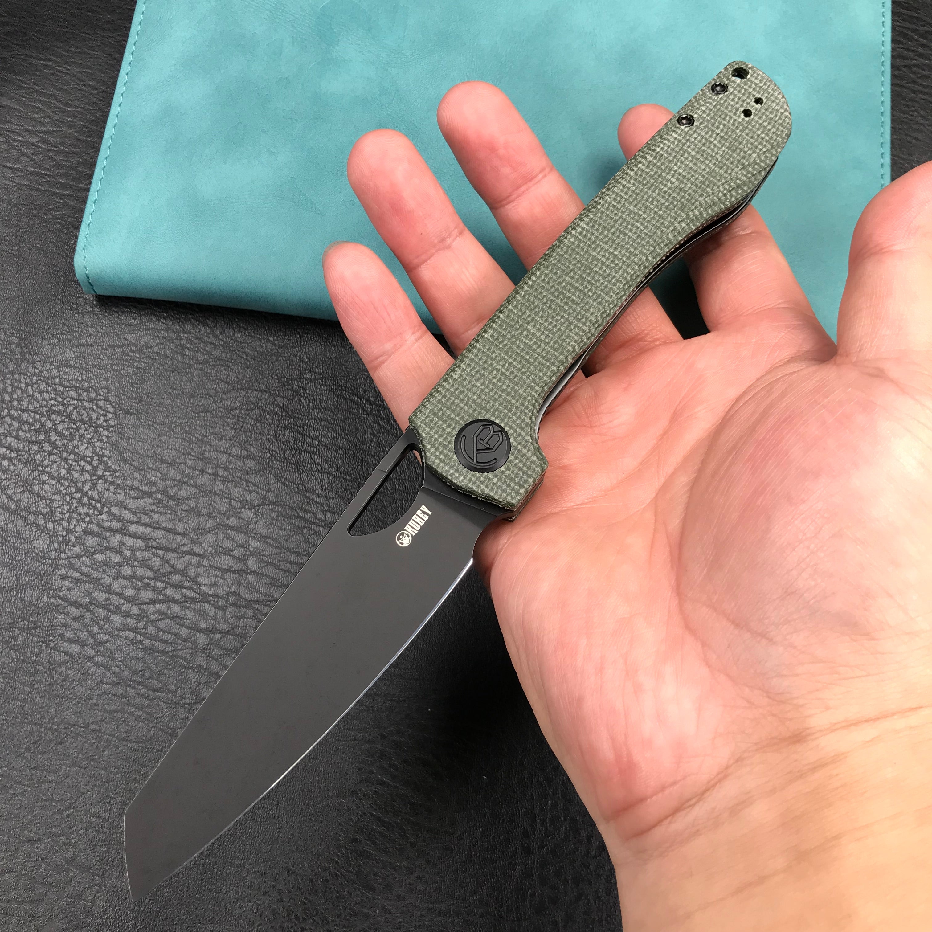 KUBEY KU365F Elang Liner Lock Folding Knife Green Micarta Handle 3.94" Blackwashed Sheepsfoot AUS-10