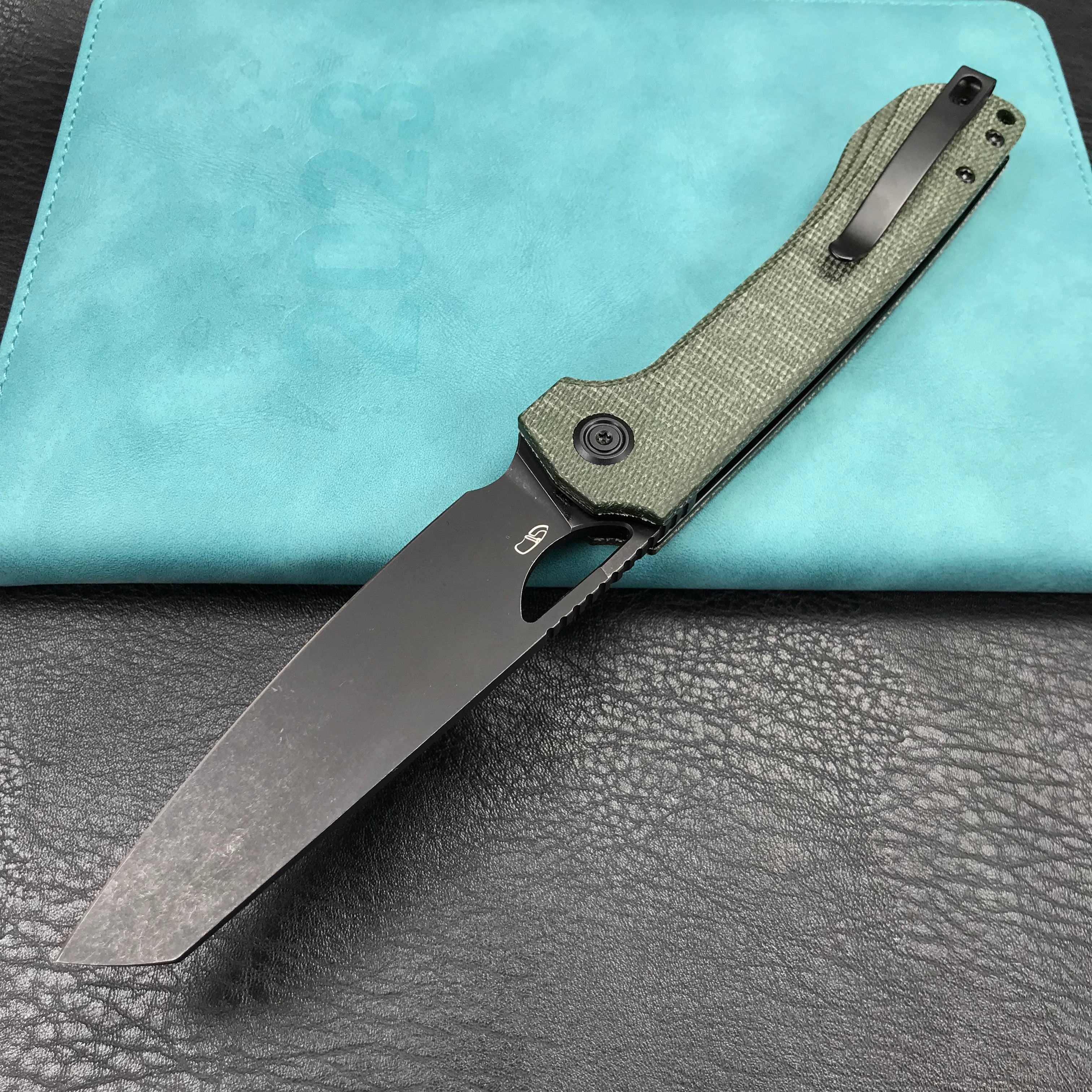 KUBEY KU365F Elang Liner Lock Folding Knife Green Micarta Handle 3.94" Blackwashed Sheepsfoot AUS-10