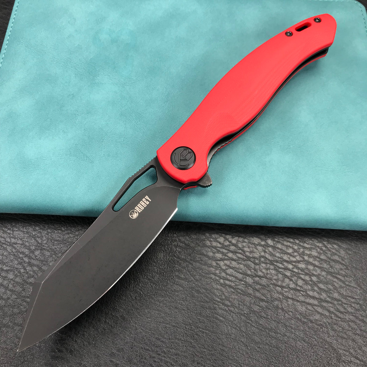 KUBEY  KU239H Drake Liner Lock Folding Knife Red  G10 Handle 3.74'' Dark Stonewashed  AUS-10