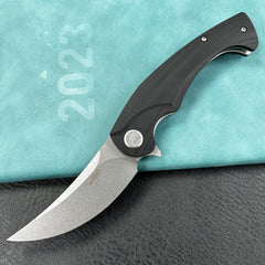 KUBEY  KU173E Scimitar Liner Lock Folding Knife Black G10 Handle 3.46" Bead Blast AUS-10