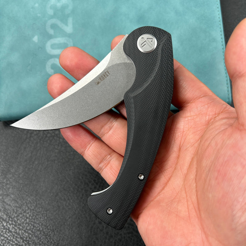 KUBEY  KU173E Scimitar Liner Lock Folding Knife Black G10 Handle 3.46" Bead Blast AUS-10