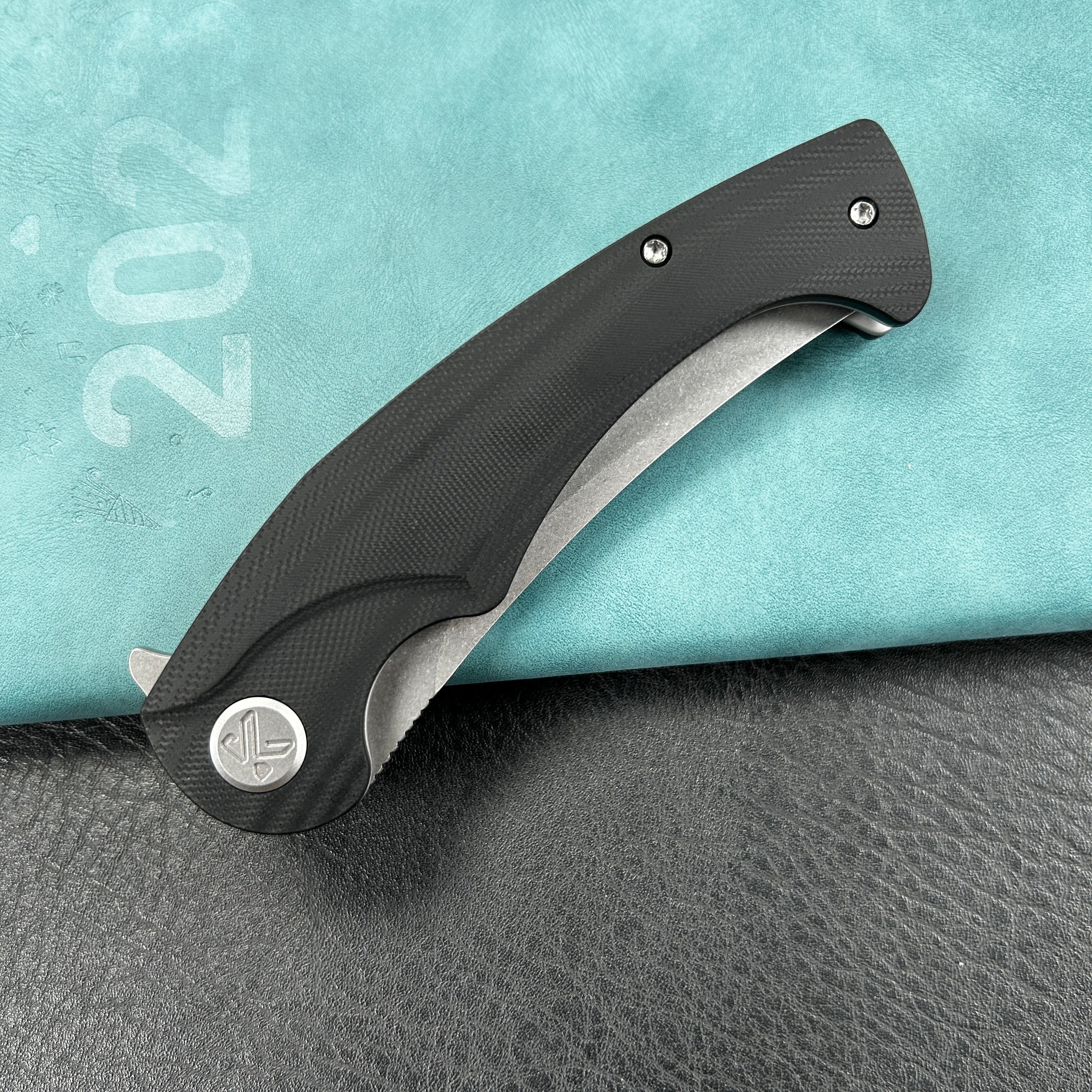 KUBEY  KU173E Scimitar Liner Lock Folding Knife Black G10 Handle 3.46" Bead Blast AUS-10