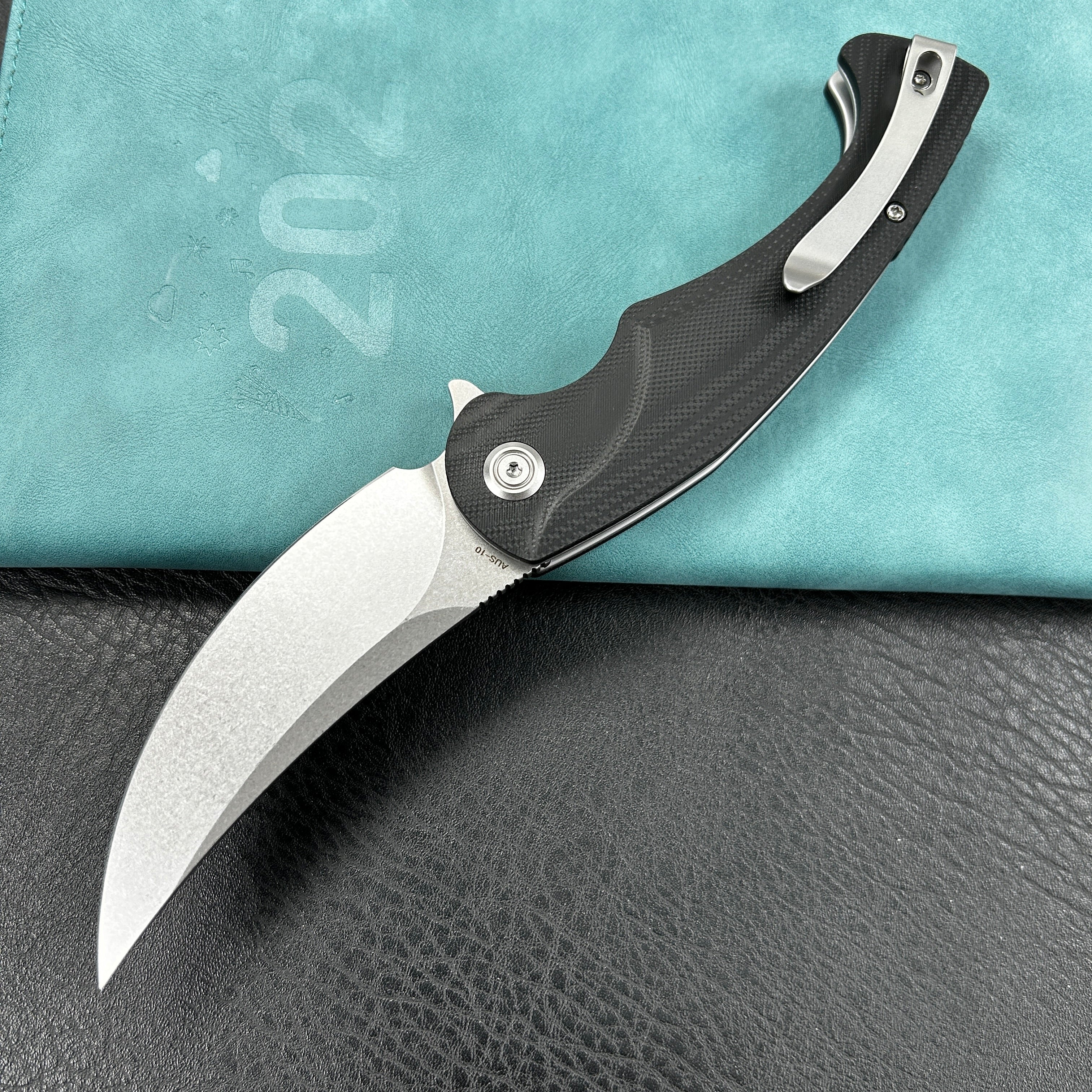 KUBEY  KU173E Scimitar Liner Lock Folding Knife Black G10 Handle 3.46" Bead Blast AUS-10