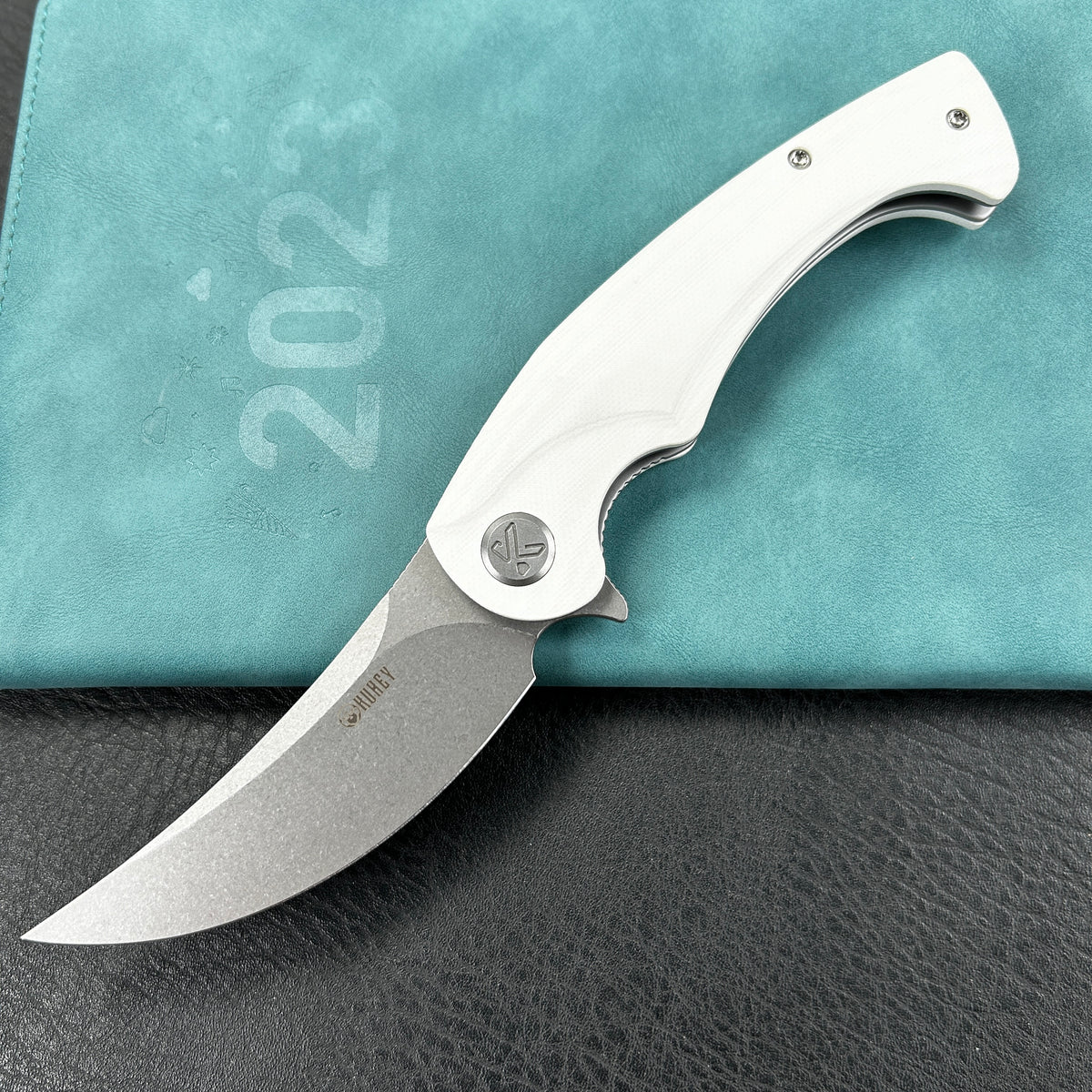 KUBEY KU173C Scimitar Liner Lock Folding Knife White G10 Handle 3.46" Bead Blast AUS-10