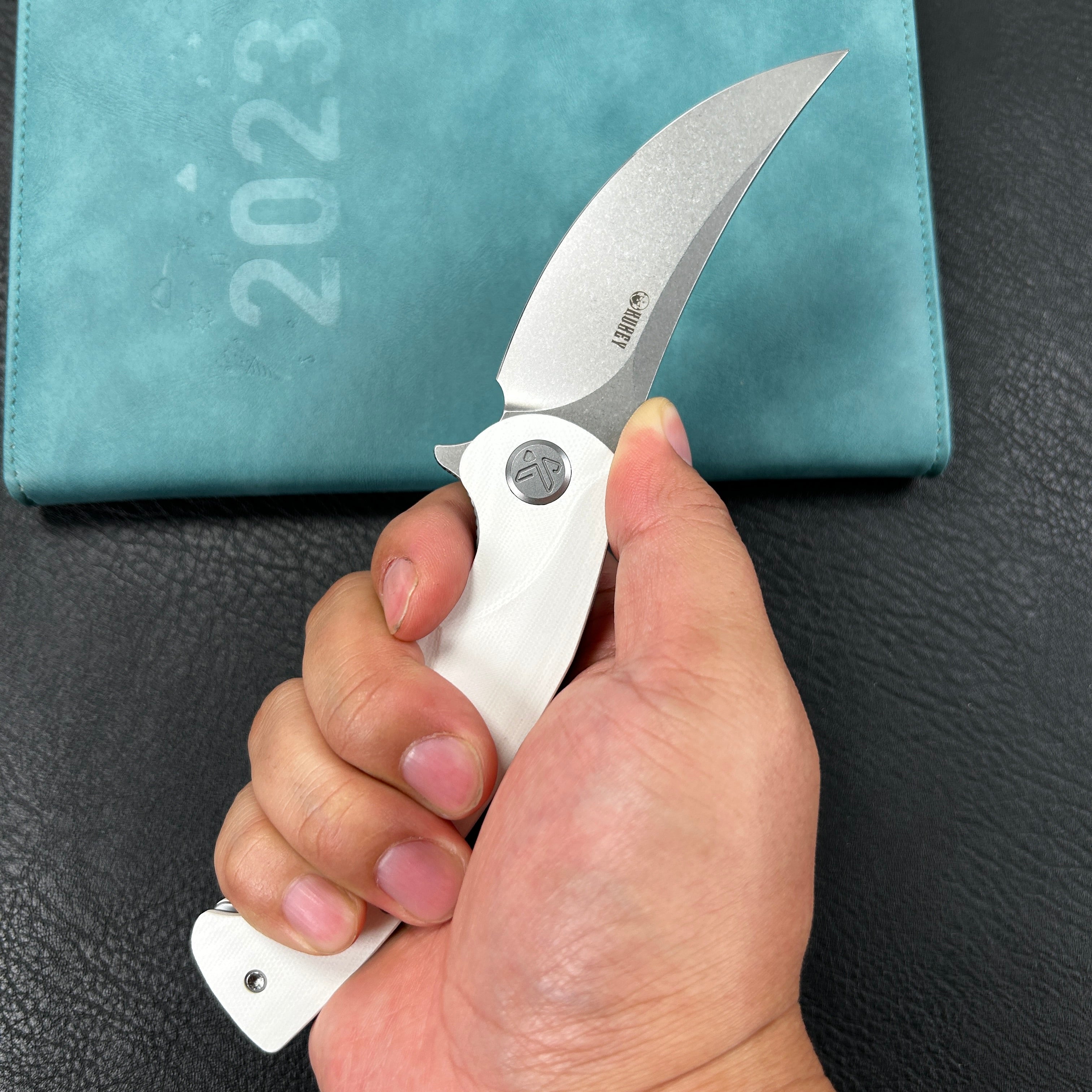 KUBEY KU173C Scimitar Liner Lock Folding Knife White G10 Handle 3.46" Bead Blast AUS-10