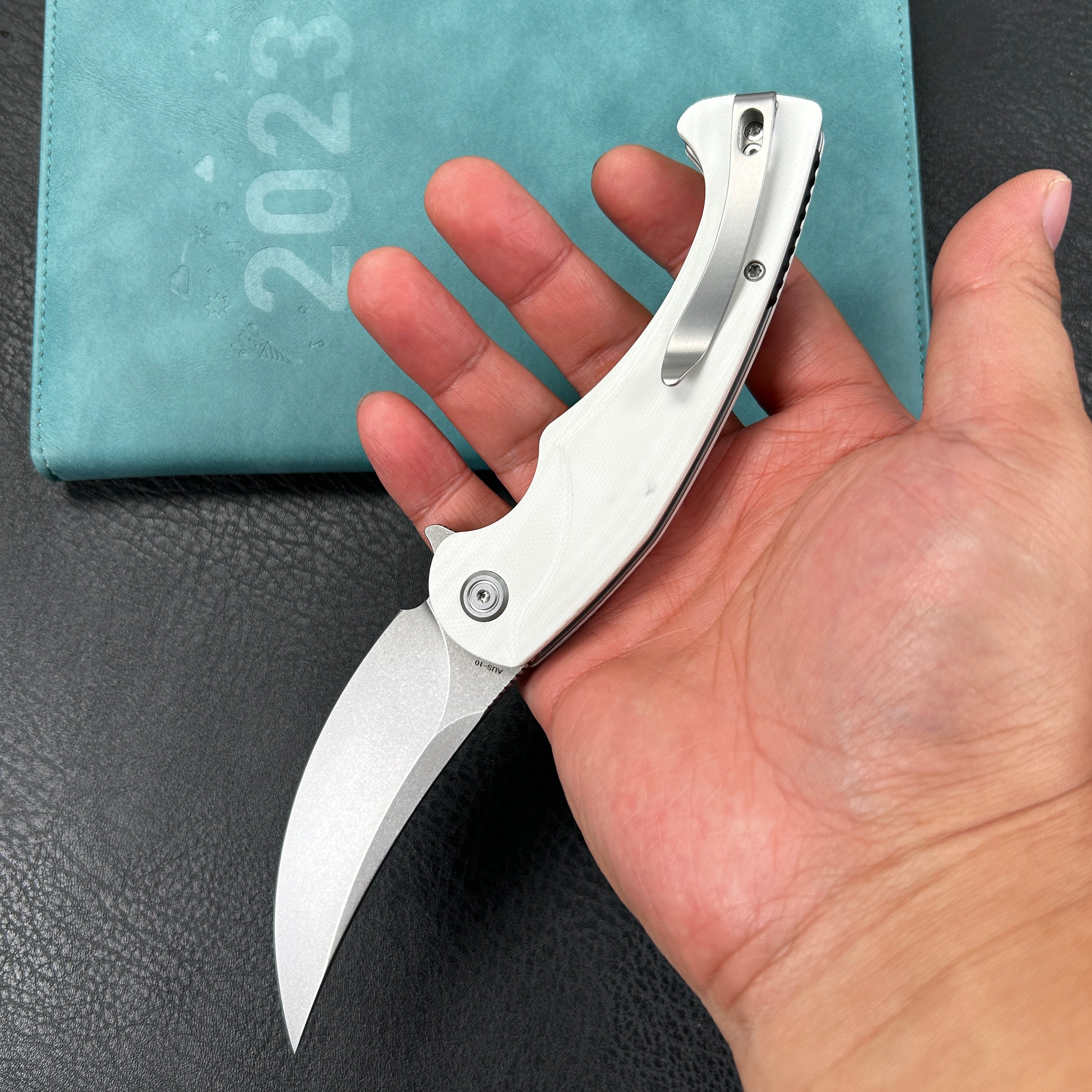 KUBEY KU173C Scimitar Liner Lock Folding Knife White G10 Handle 3.46" Bead Blast AUS-10