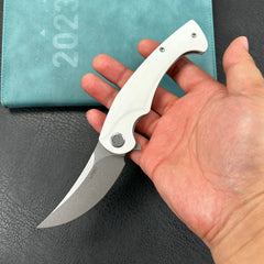 KUBEY KU173C Scimitar Liner Lock Folding Knife White G10 Handle 3.46" Bead Blast AUS-10