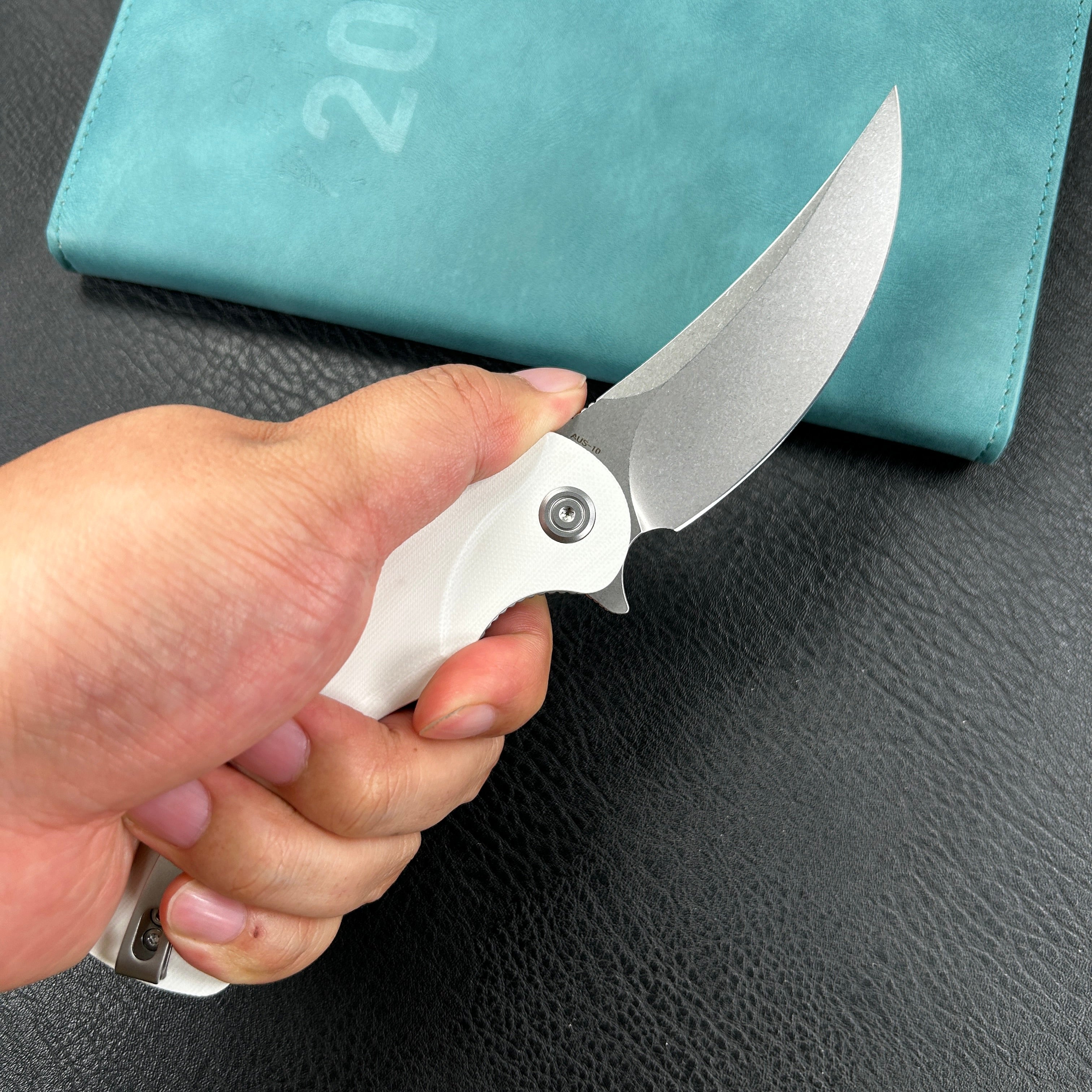 KUBEY KU173C Scimitar Liner Lock Folding Knife White G10 Handle 3.46" Bead Blast AUS-10