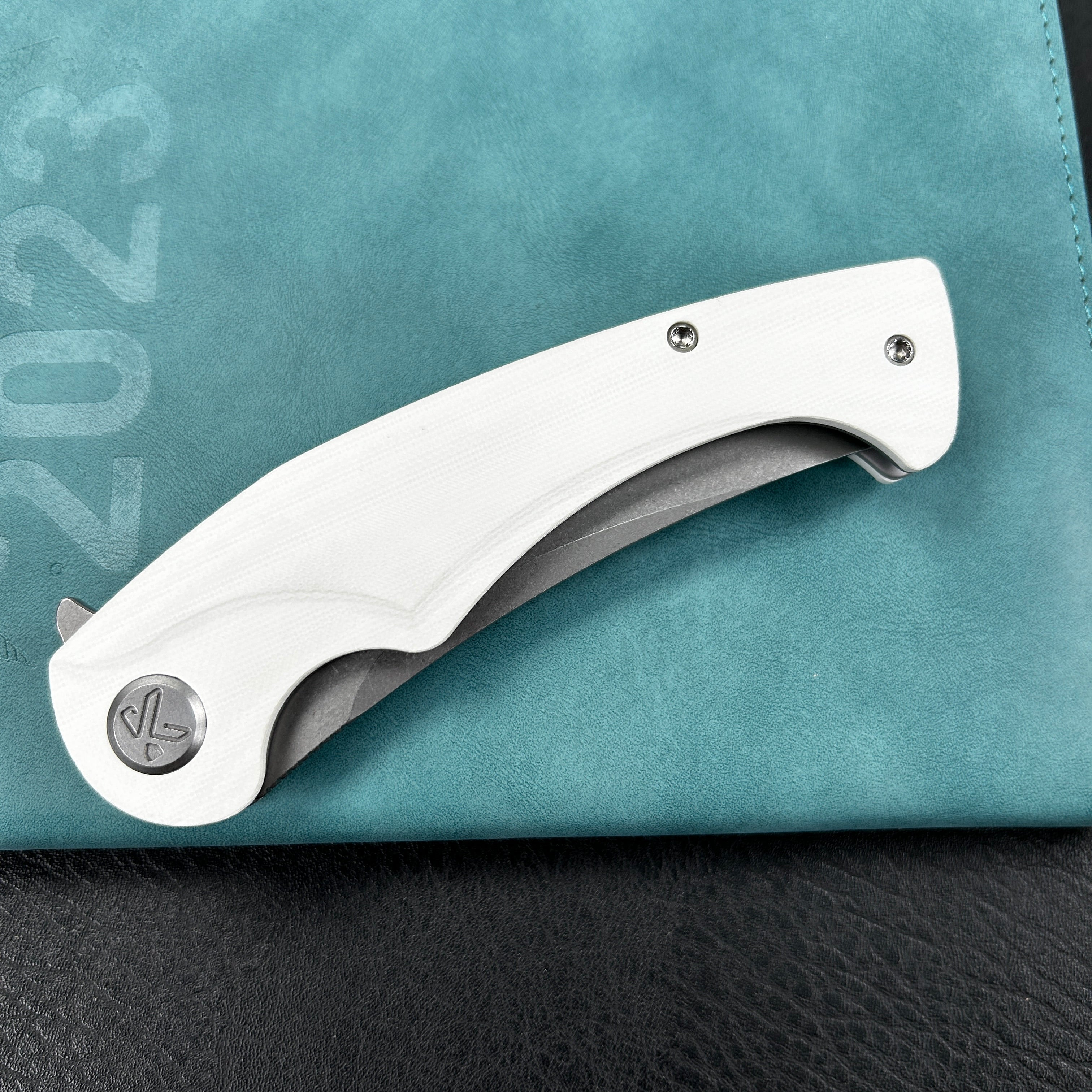 KUBEY KU173C Scimitar Liner Lock Folding Knife White G10 Handle 3.46" Bead Blast AUS-10