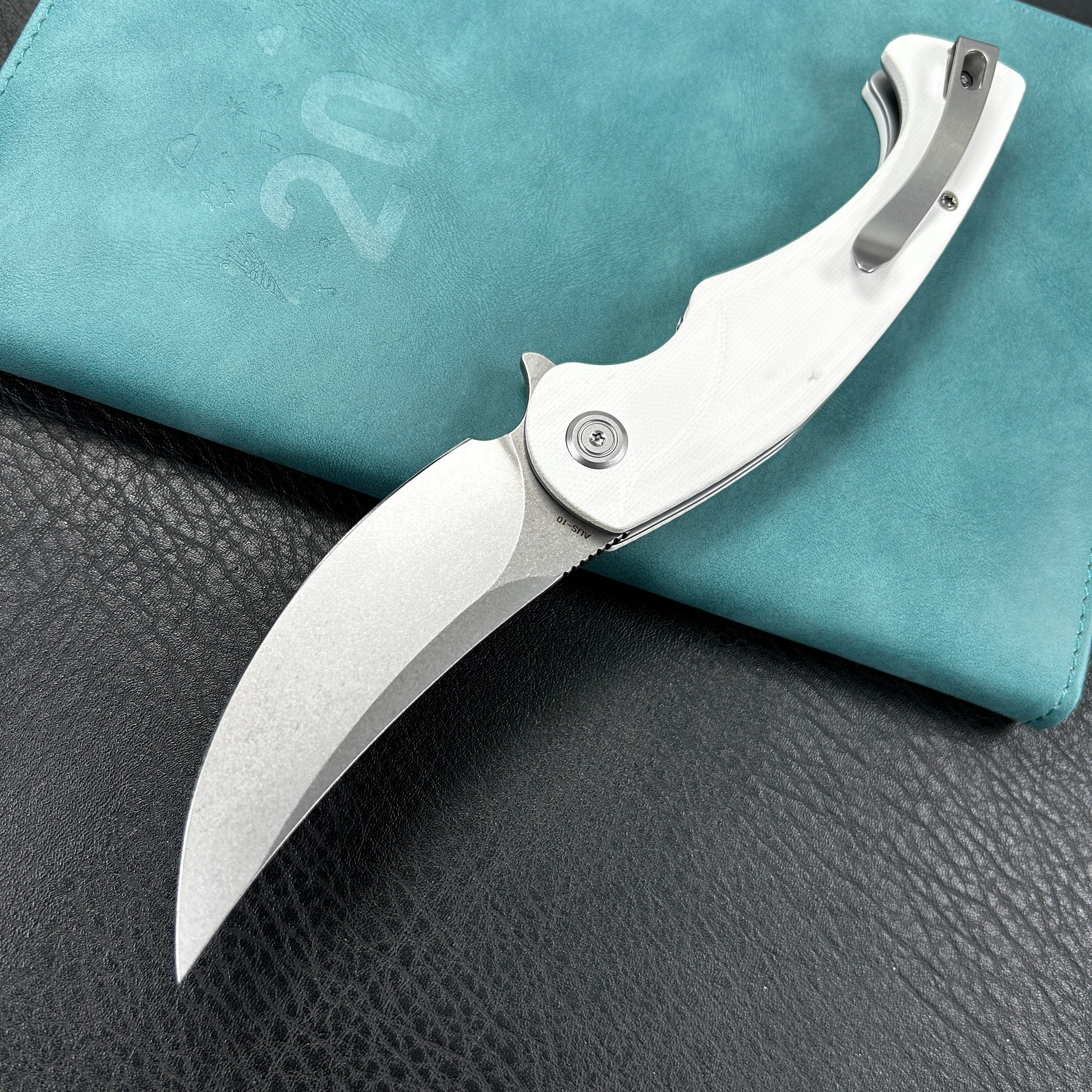 KUBEY KU173C Scimitar Liner Lock Folding Knife White G10 Handle 3.46" Bead Blast AUS-10