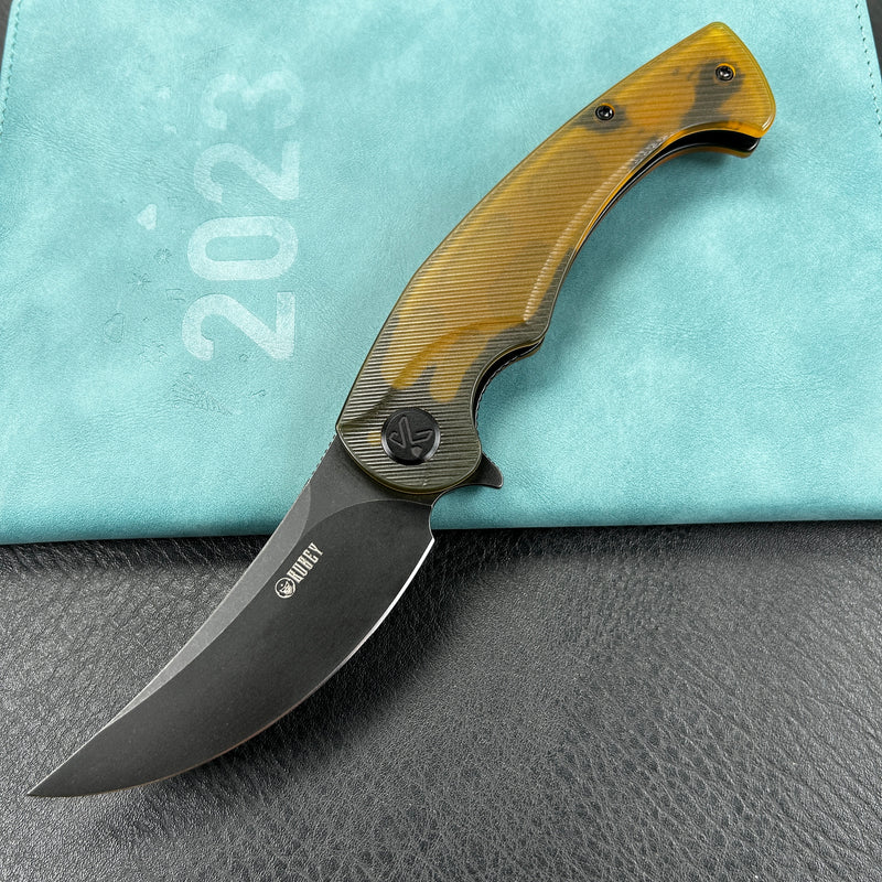 KUBEY KU173B Scimitar Liner Lock Folding Knife Ultem Handle 3.46" Blackwash AUS-10