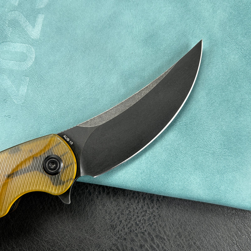 KUBEY KU173B Scimitar Liner Lock Folding Knife Ultem Handle 3.46" Blackwash AUS-10