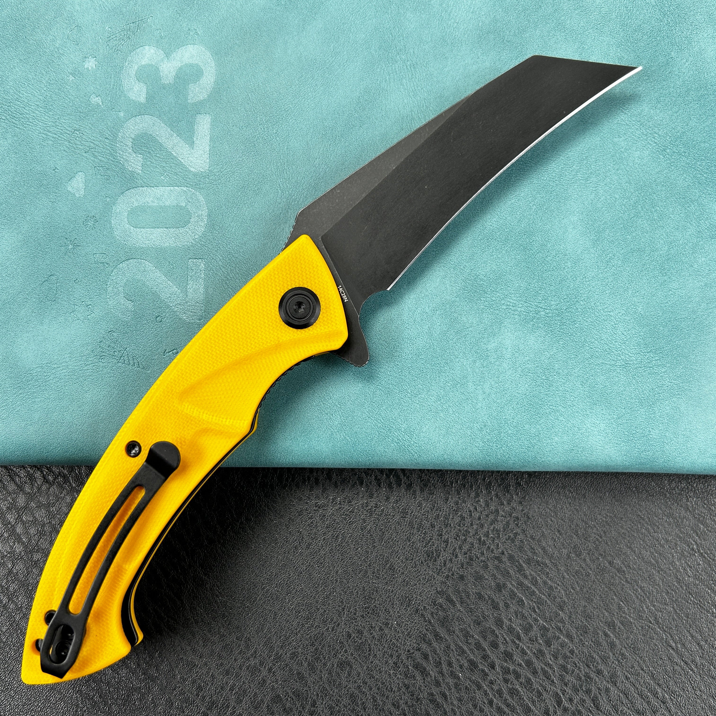 KUBEY KU212E  Anteater Liner Lock Folding Knife Yellow G10 Handle 3.5" Blackwash 14C28N