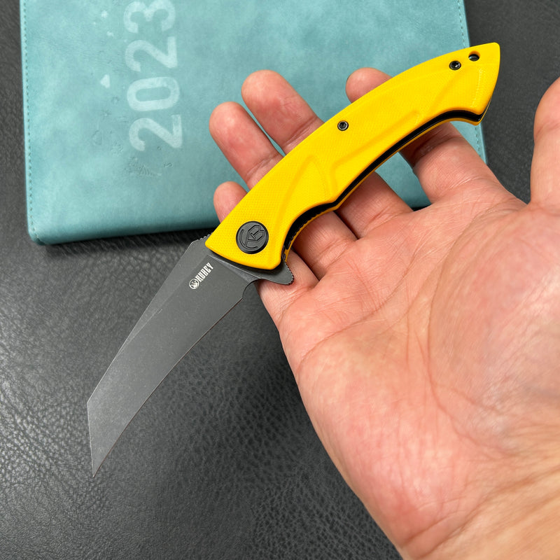 KUBEY KU212E  Anteater Liner Lock Folding Knife Yellow G10 Handle 3.5" Blackwash 14C28N