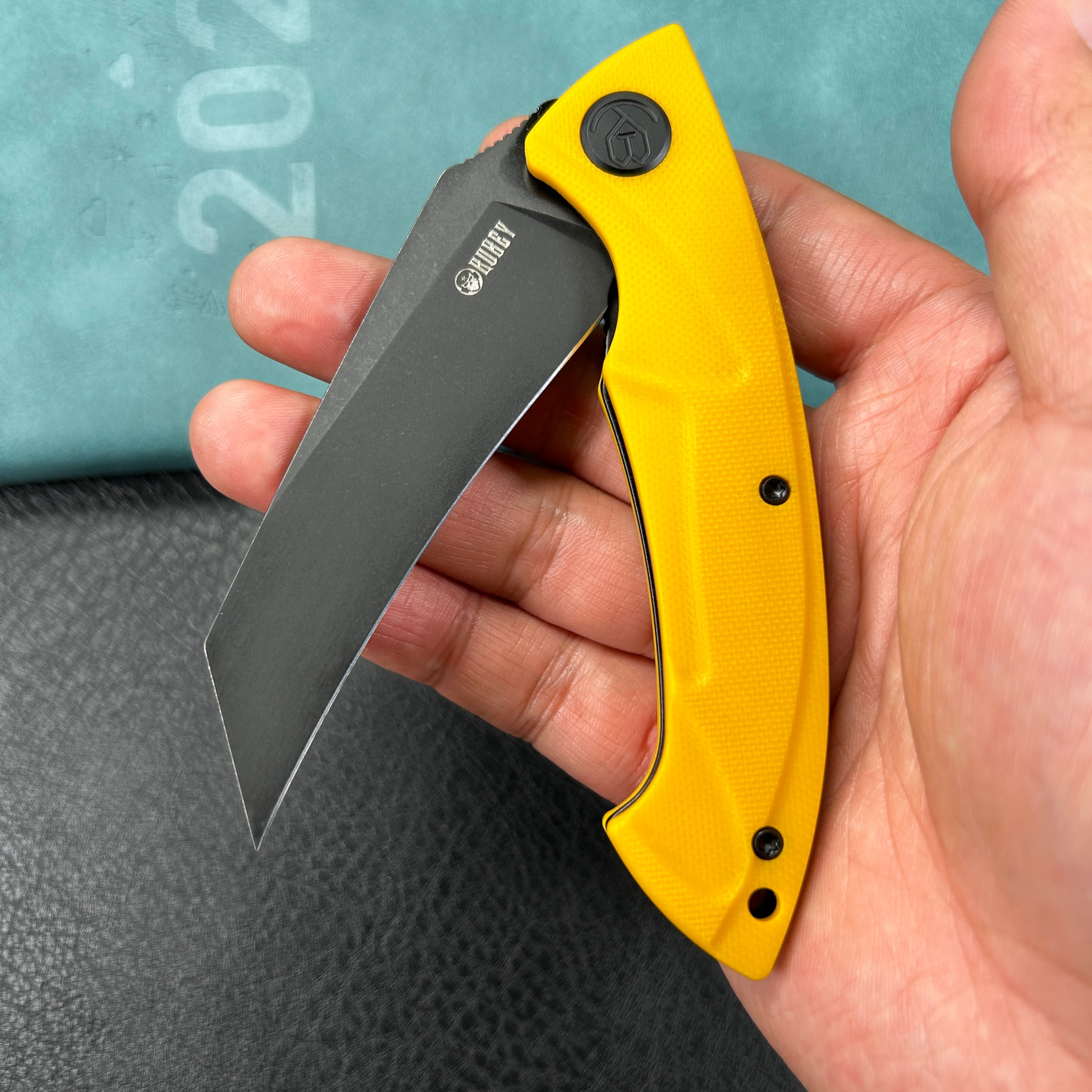 KUBEY KU212E  Anteater Liner Lock Folding Knife Yellow G10 Handle 3.5" Blackwash 14C28N