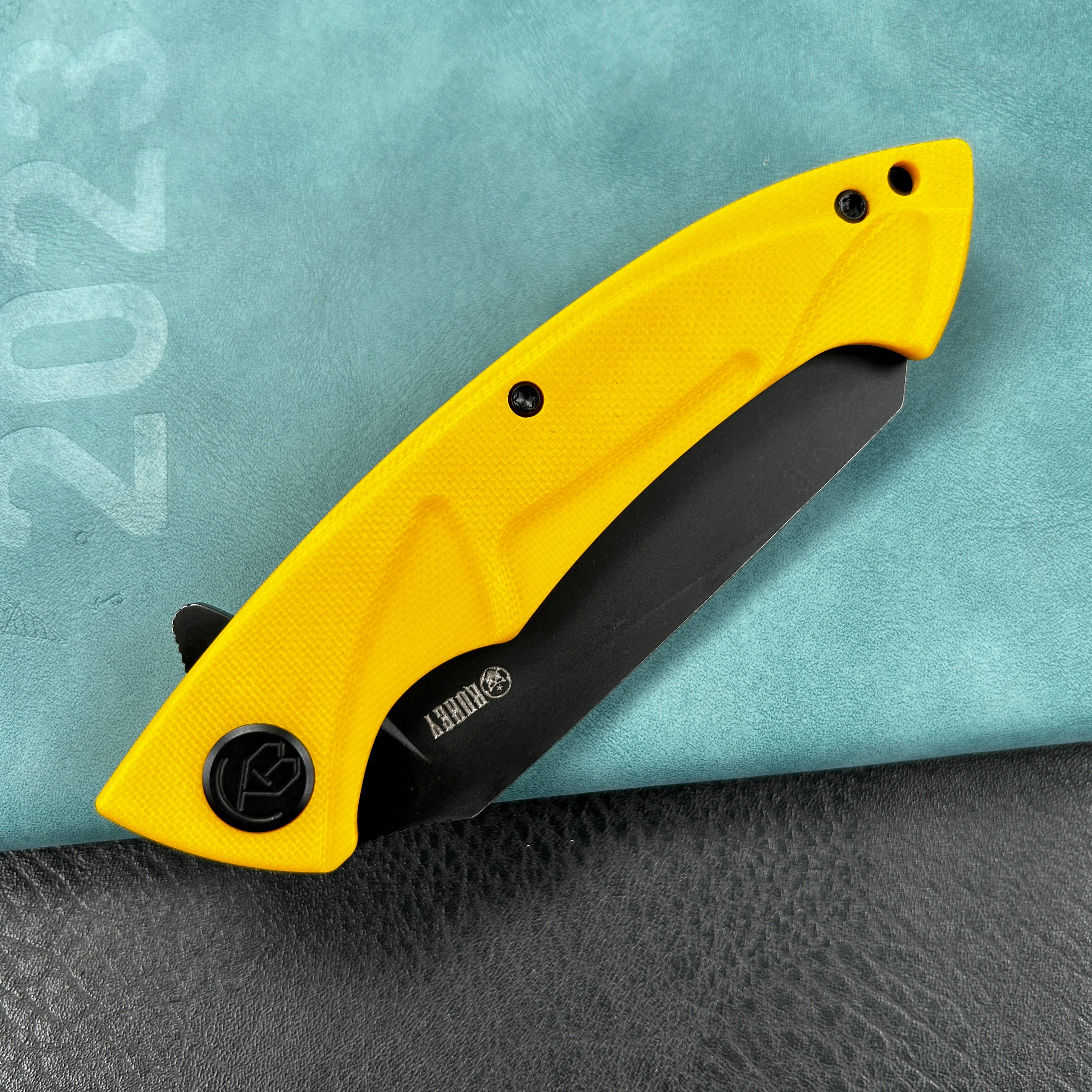 KUBEY KU212E  Anteater Liner Lock Folding Knife Yellow G10 Handle 3.5" Blackwash 14C28N