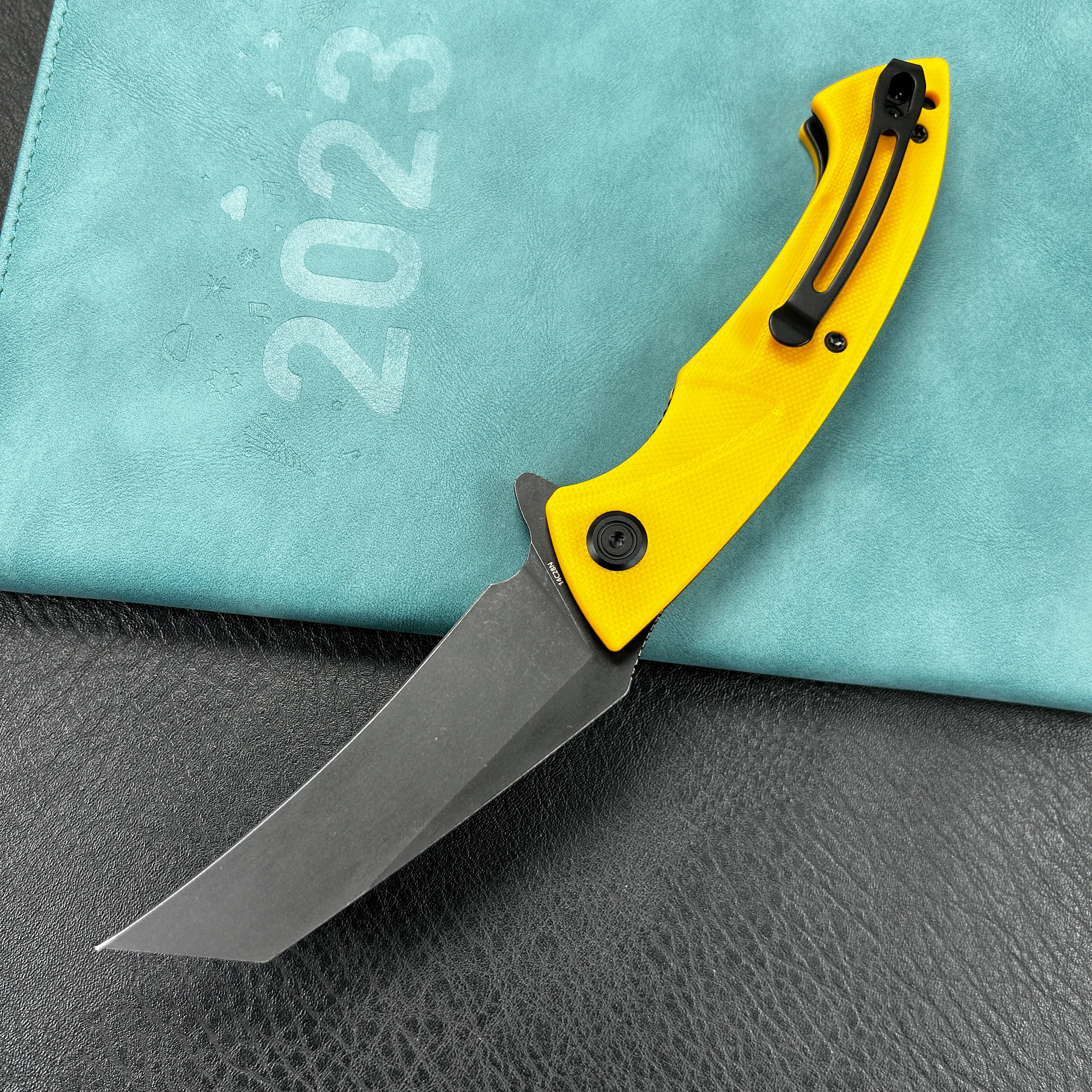 KUBEY KU212E  Anteater Liner Lock Folding Knife Yellow G10 Handle 3.5" Blackwash 14C28N