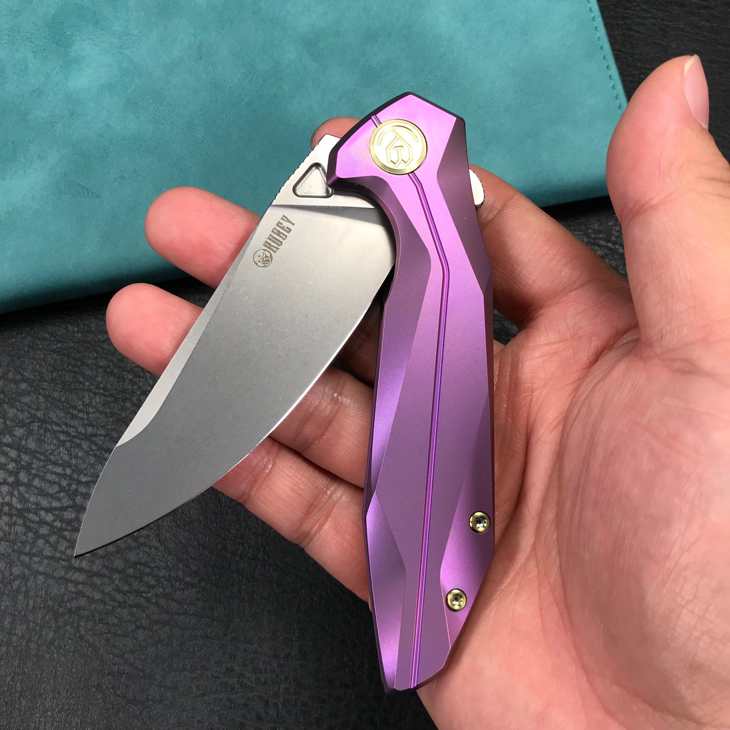 KUBEY KB235D Nova Frame Lock Flipper Folding Knife 6AL4V Titanium Handle 3.66" Bead Blasted 14C28N