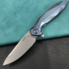 KUBEY KB235C Nova Frame Lock Flipper Folding Knife 6AL4V Titanium Handle 3.66" Bead Blasted 14C28N