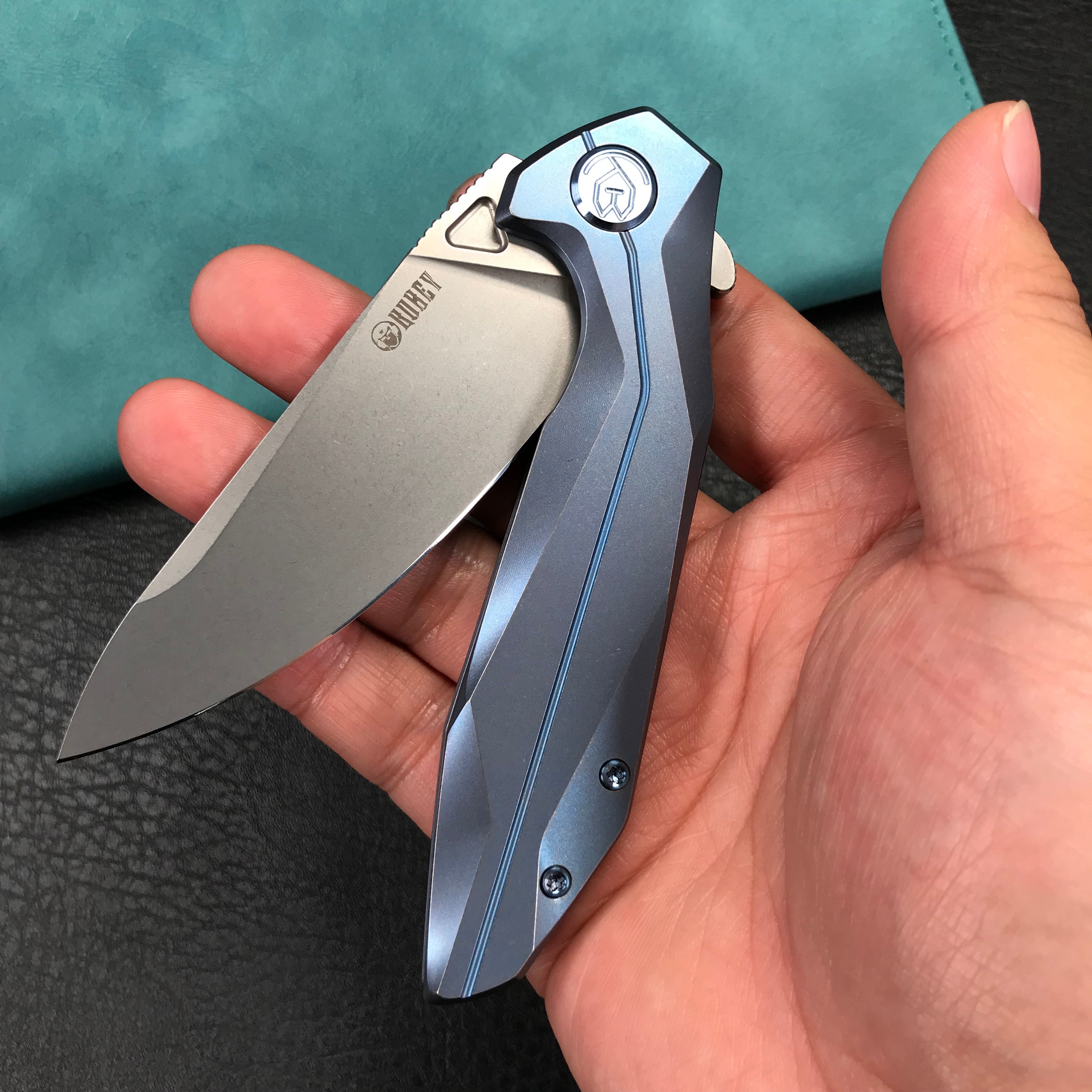 KUBEY KB235C Nova Frame Lock Flipper Folding Knife 6AL4V Titanium Handle 3.66" Bead Blasted 14C28N