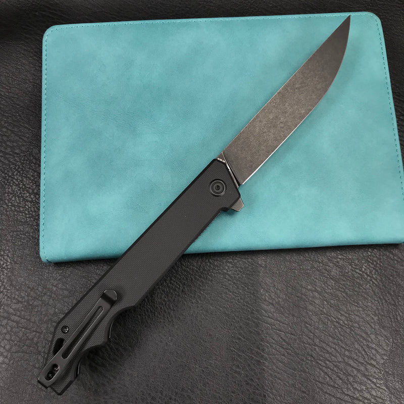KUBEY KU253  Pylades  Cheetah Liner Lock Flipper Folding Knife Black G10 Handle 4.65" Black Stonewashed AUS-10