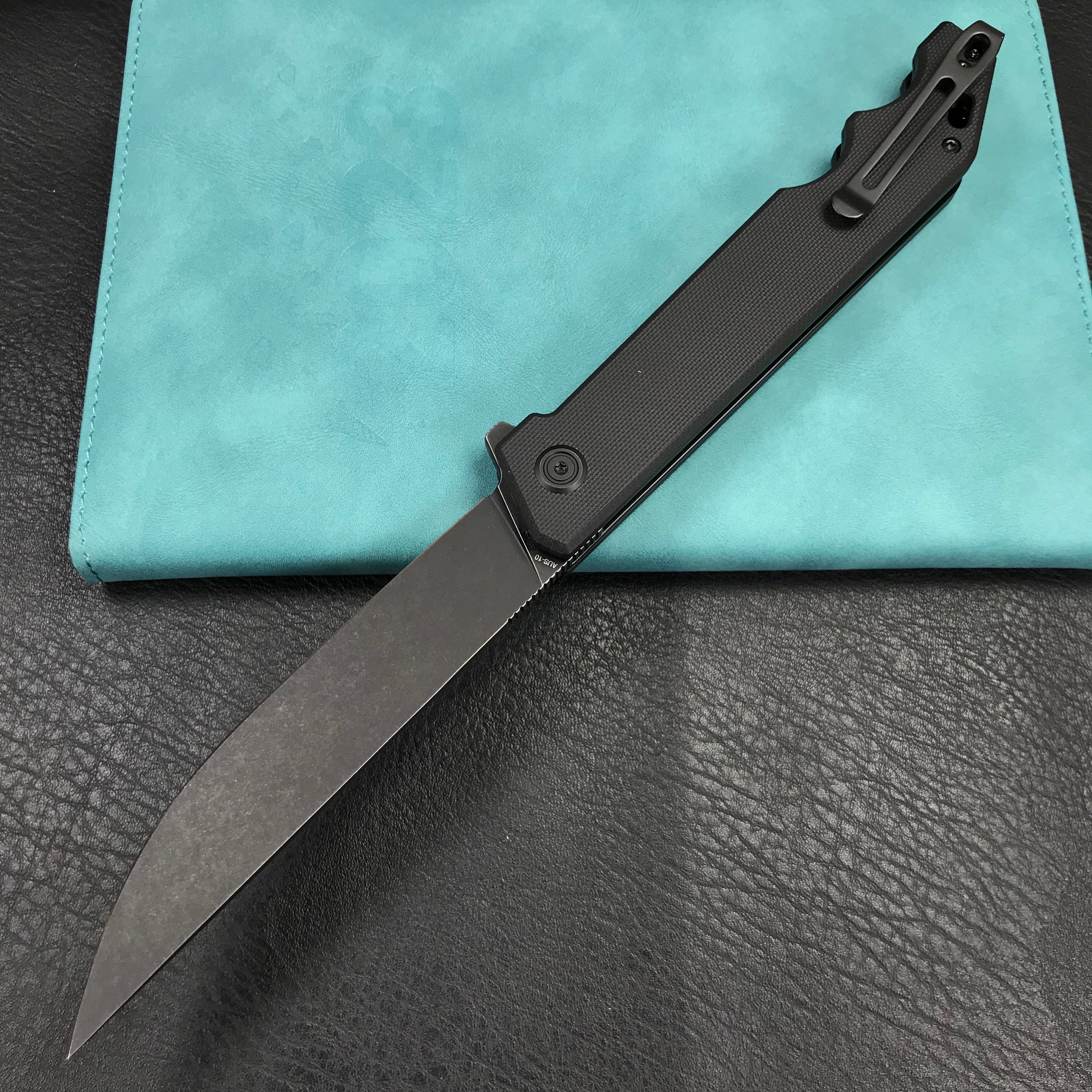 KUBEY KU253  Pylades  Cheetah Liner Lock Flipper Folding Knife Black G10 Handle 4.65" Black Stonewashed AUS-10