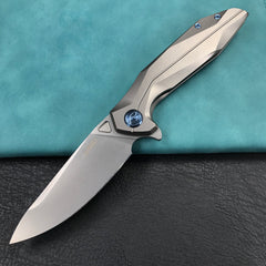 KUBEY KB235F Nova Frame Lock Flipper Folding Knife Gray 6AL4V Titanium Handle 3.66" Bead Blasted 14C28N