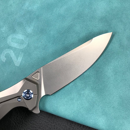 KUBEY KB235F Nova Frame Lock Flipper Folding Knife Gray 6AL4V Titanium Handle 3.66" Bead Blasted 14C28N