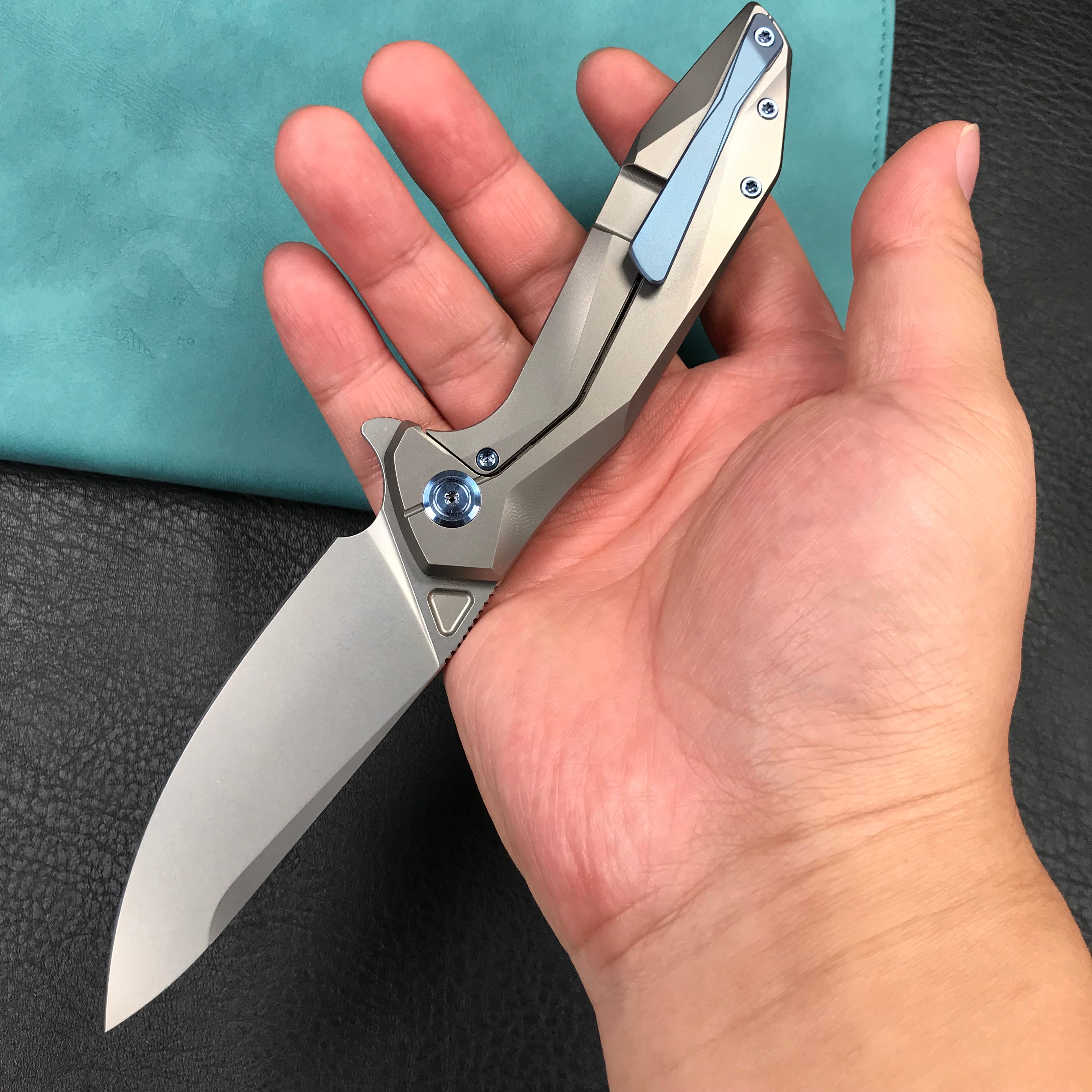 KUBEY KB235F Nova Frame Lock Flipper Folding Knife Gray 6AL4V Titanium Handle 3.66" Bead Blasted 14C28N