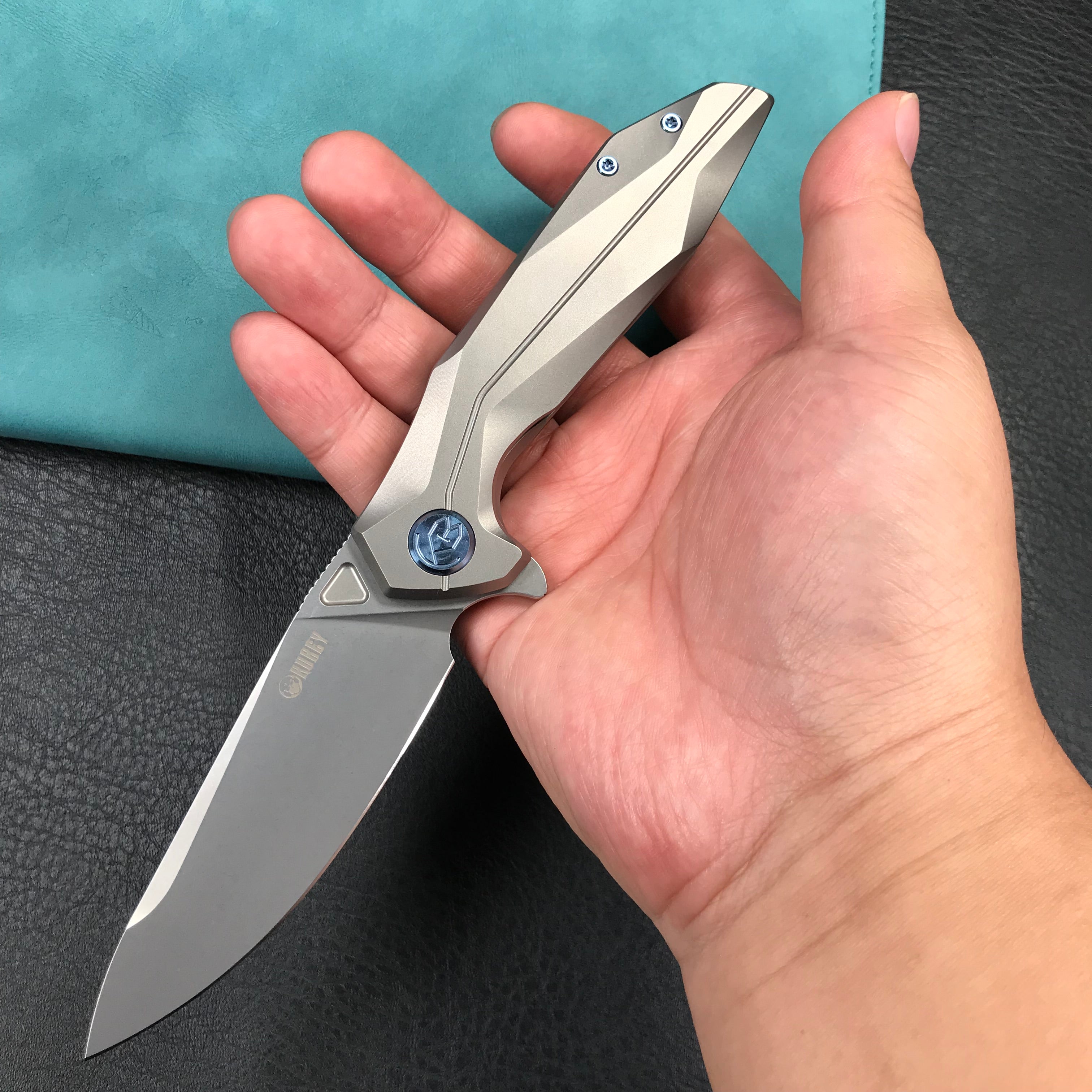 KUBEY KB235F Nova Frame Lock Flipper Folding Knife Gray 6AL4V Titanium Handle 3.66" Bead Blasted 14C28N