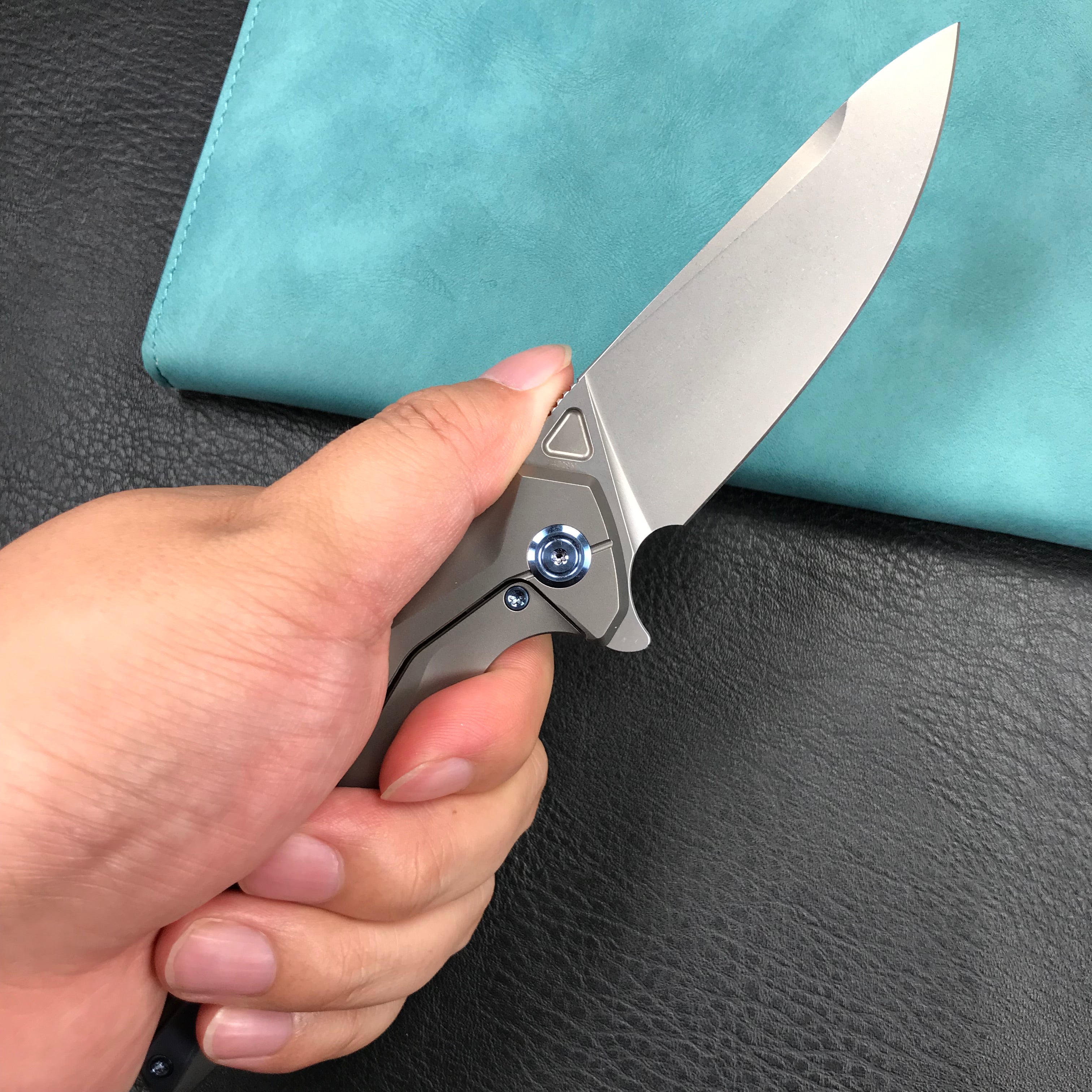 KUBEY KB235F Nova Frame Lock Flipper Folding Knife Gray 6AL4V Titanium Handle 3.66" Bead Blasted 14C28N