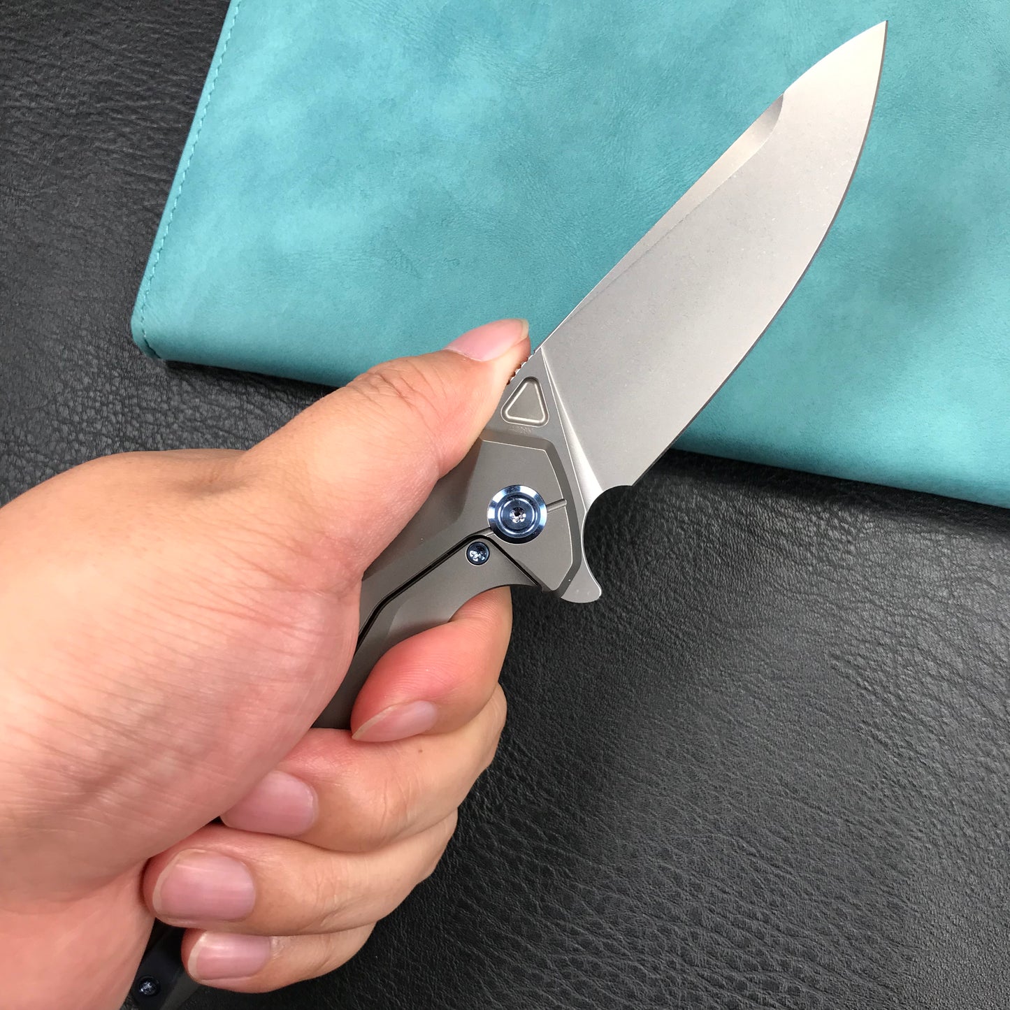 KUBEY KB235F Nova Frame Lock Flipper Folding Knife Gray 6AL4V Titanium Handle 3.66" Bead Blasted 14C28N