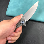 KUBEY KB235F Nova Frame Lock Flipper Folding Knife Gray 6AL4V Titanium Handle 3.66" Bead Blasted 14C28N