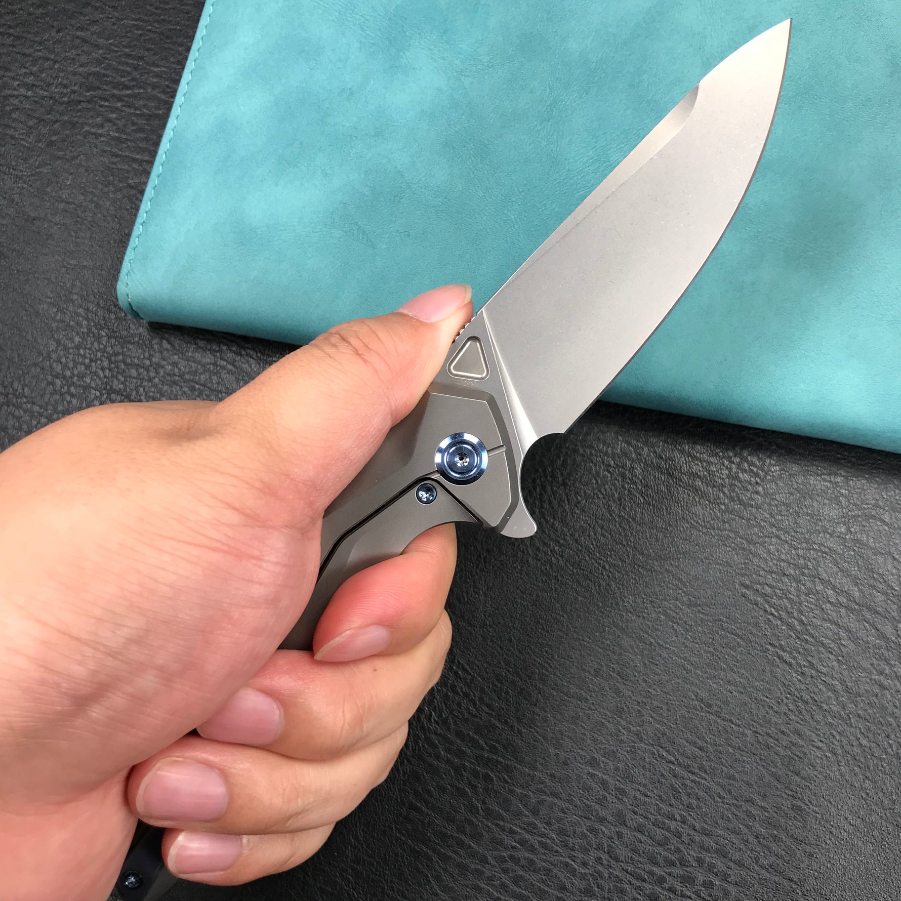 KUBEY KB235F Nova Frame Lock Flipper Folding Knife Gray 6AL4V Titanium Handle 3.66" Bead Blasted 14C28N