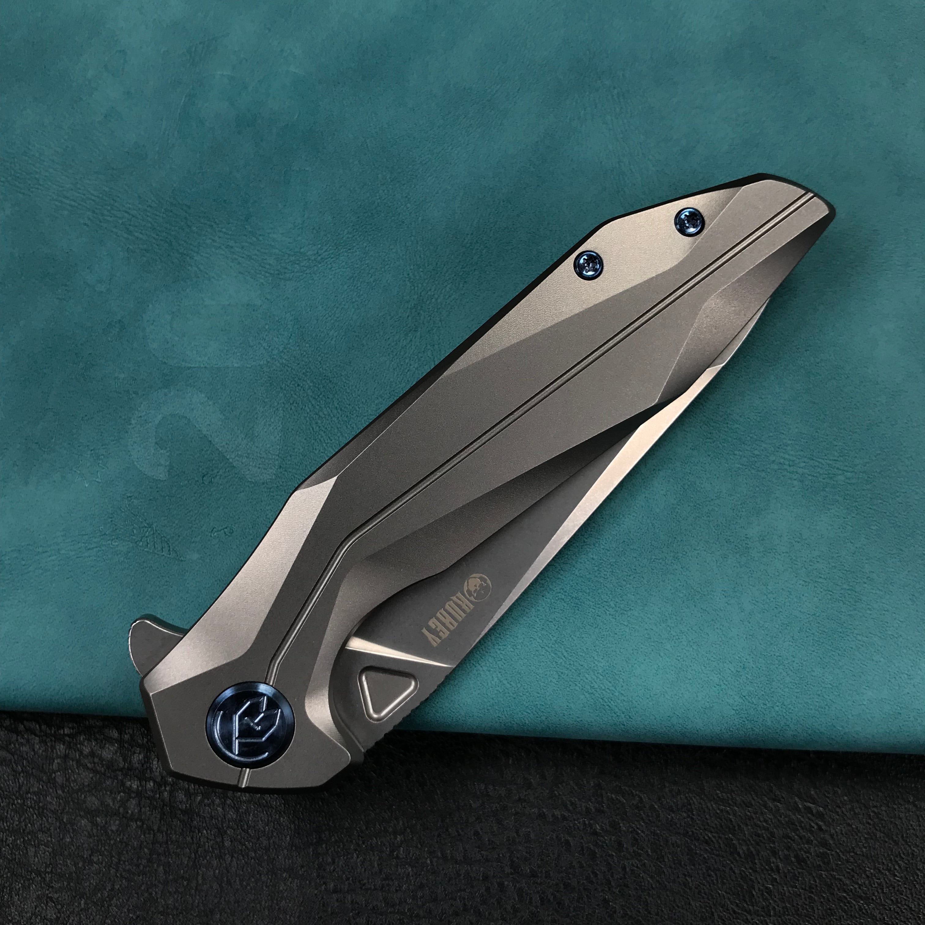 KUBEY KB235F Nova Frame Lock Flipper Folding Knife Gray 6AL4V Titanium Handle 3.66" Bead Blasted 14C28N