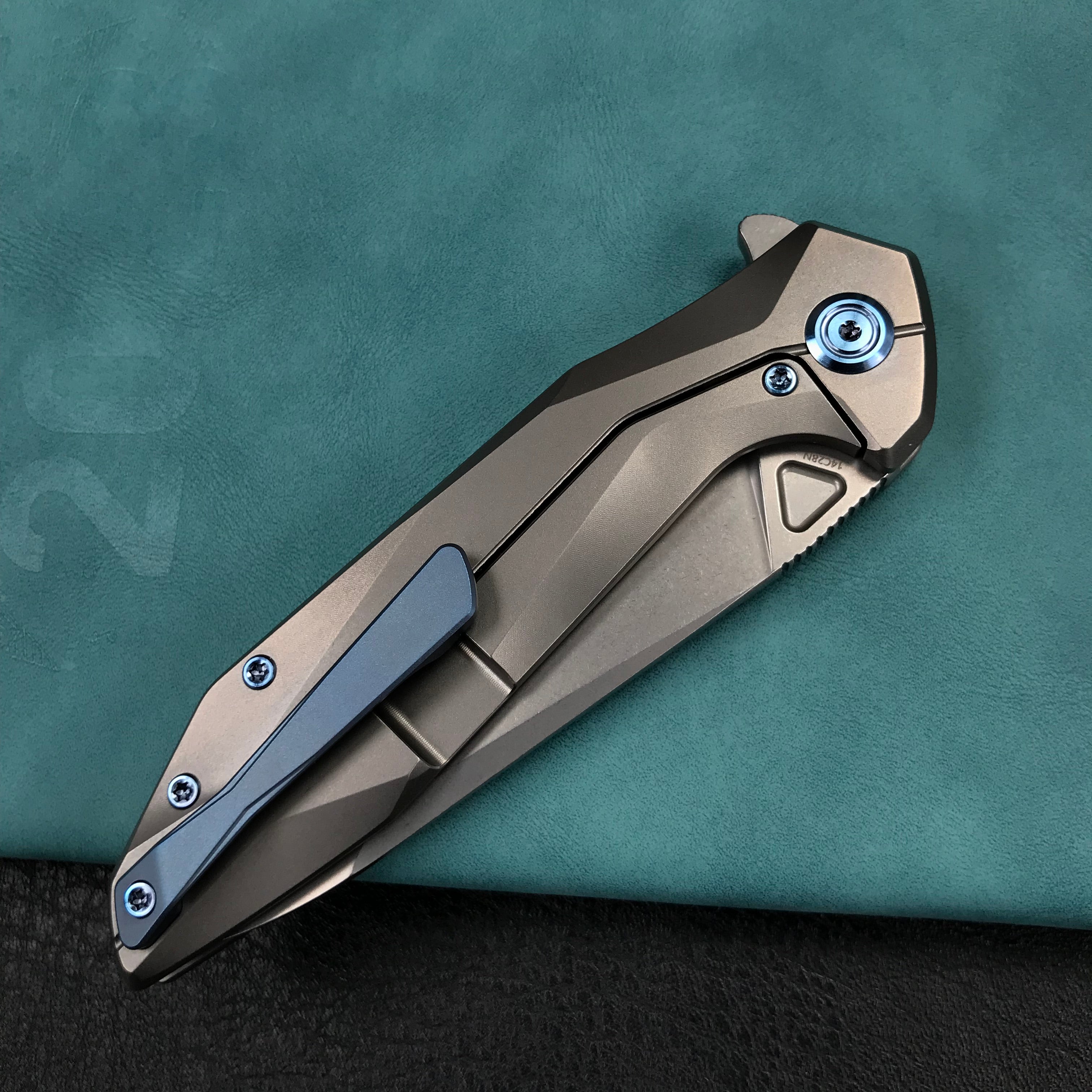 KUBEY KB235F Nova Frame Lock Flipper Folding Knife Gray 6AL4V Titanium Handle 3.66" Bead Blasted 14C28N