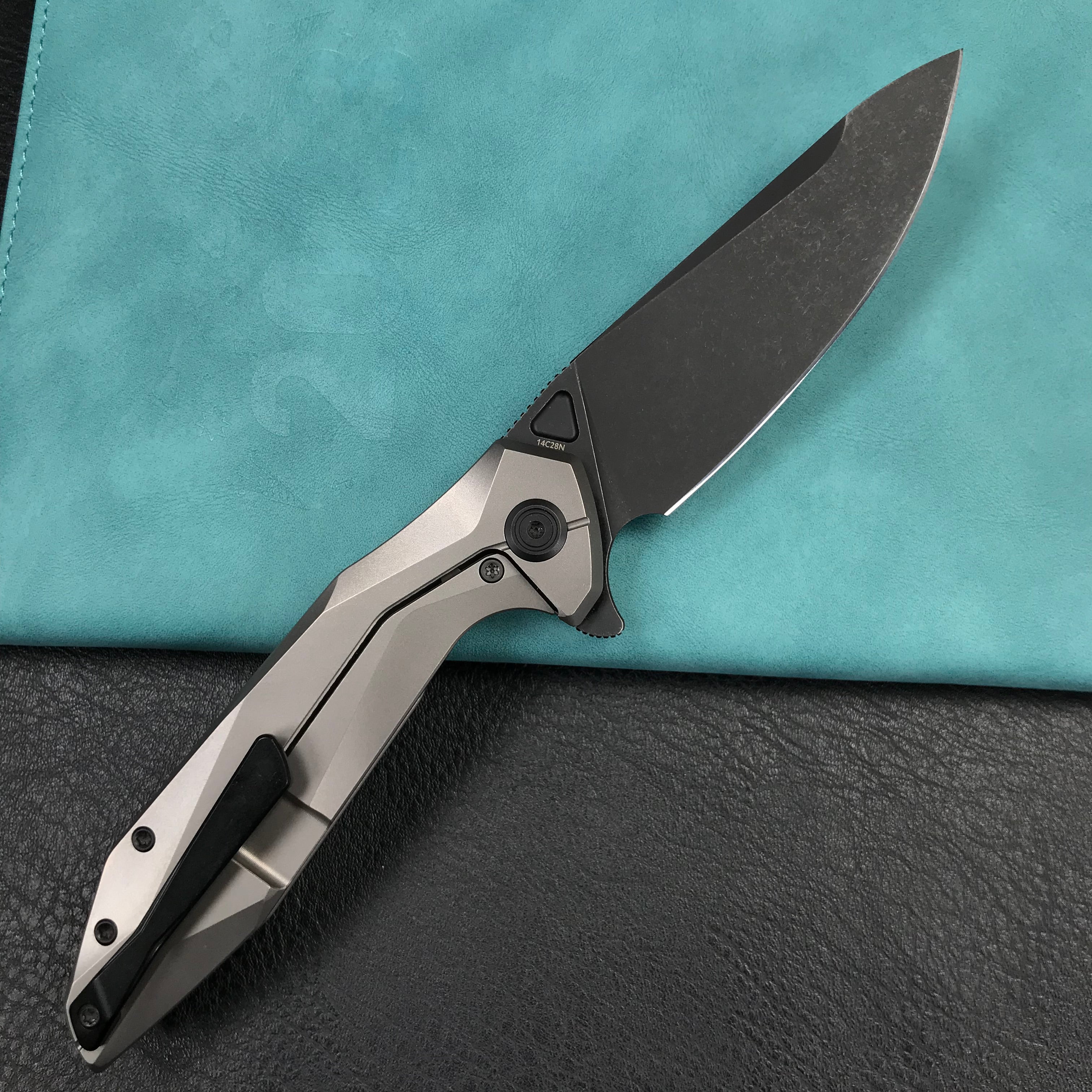 KUBEY KB235E Nova Frame Lock Flipper Folding Knife Gray 6AL4V Titanium Handle 3.66" Darkwashed 14C28N