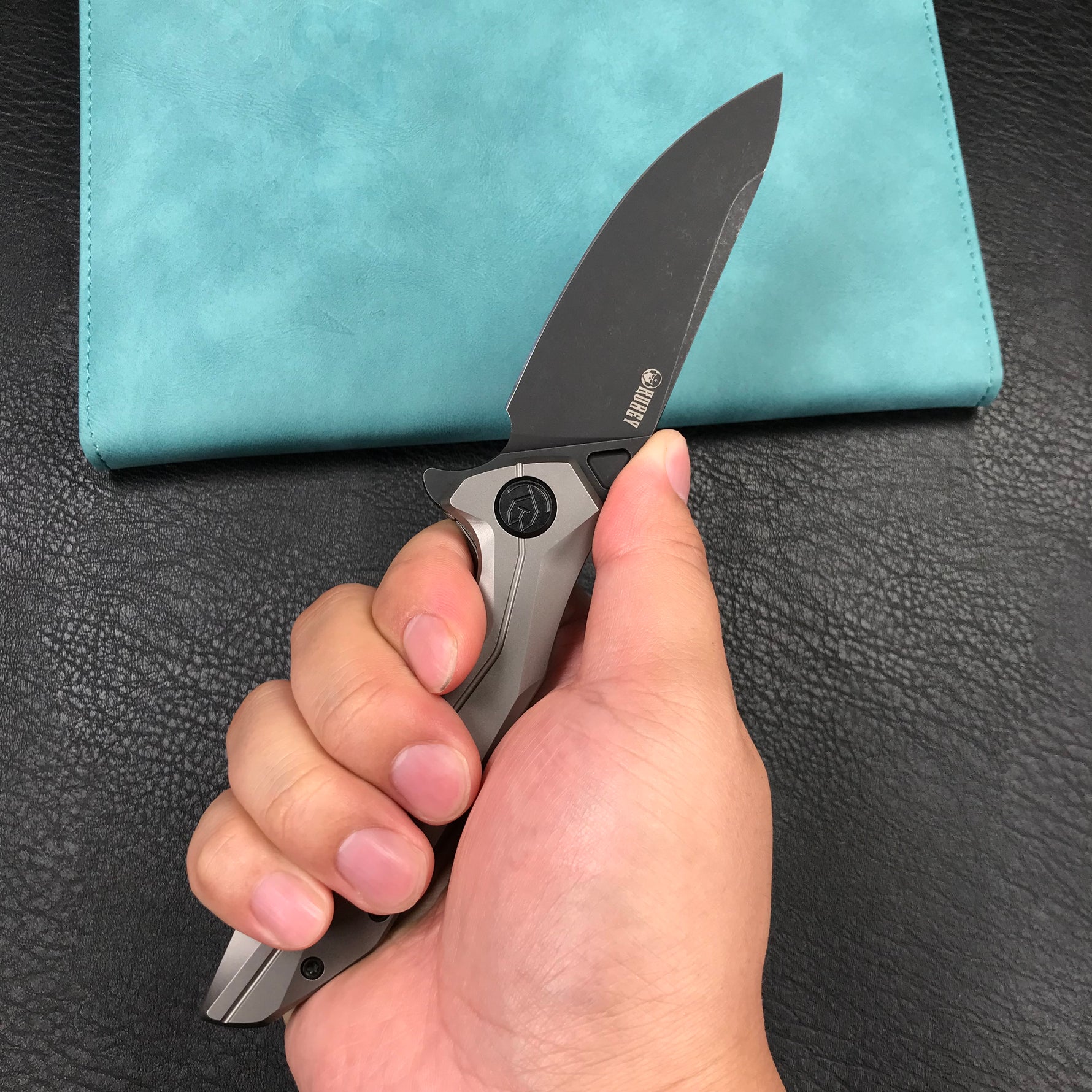 KUBEY KB235E Nova Frame Lock Flipper Folding Knife Gray 6AL4V Titanium Handle 3.66" Darkwashed 14C28N