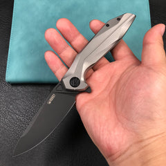 KUBEY KB235E Nova Frame Lock Flipper Folding Knife Gray 6AL4V Titanium Handle 3.66" Darkwashed 14C28N