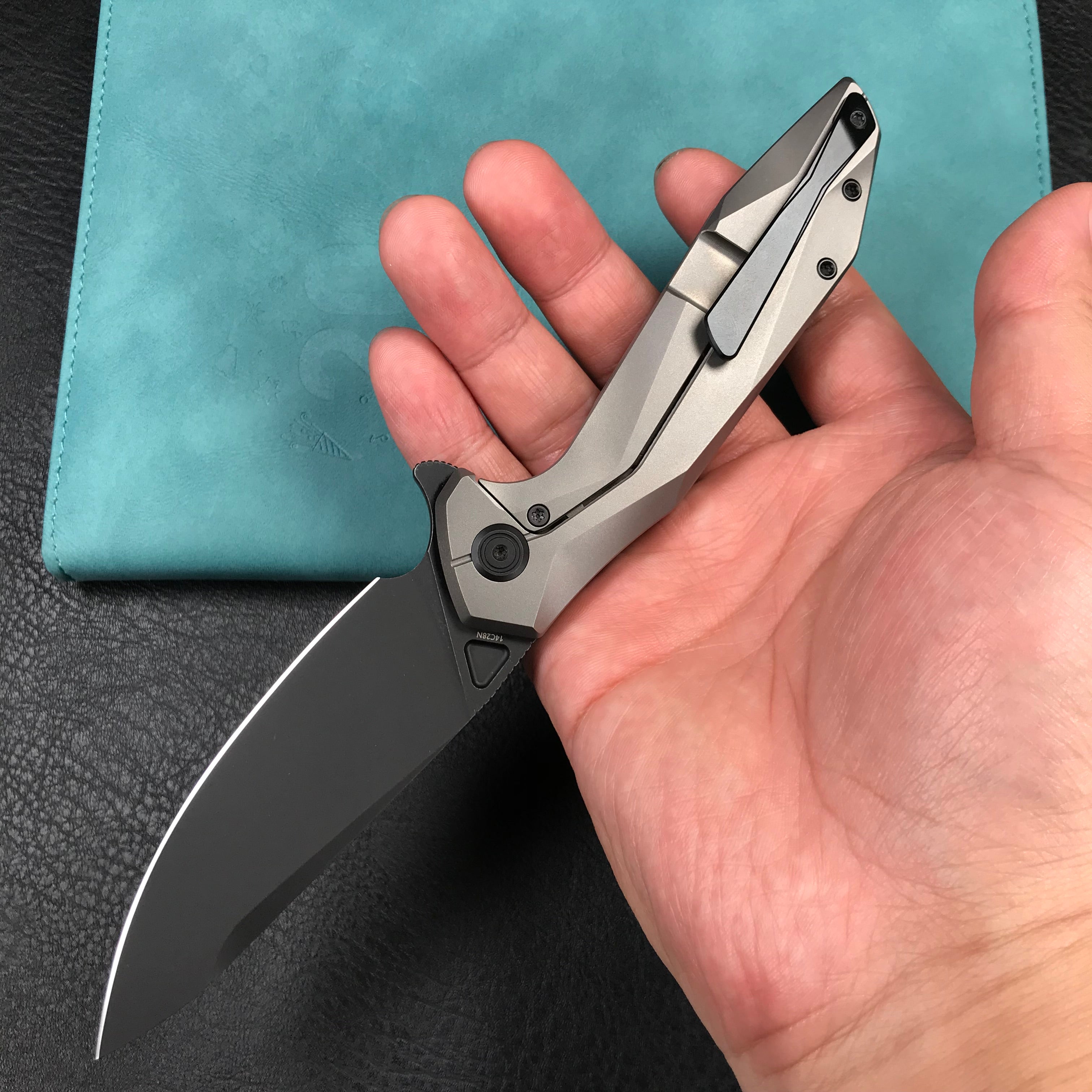 KUBEY KB235E Nova Frame Lock Flipper Folding Knife Gray 6AL4V Titanium Handle 3.66" Darkwashed 14C28N