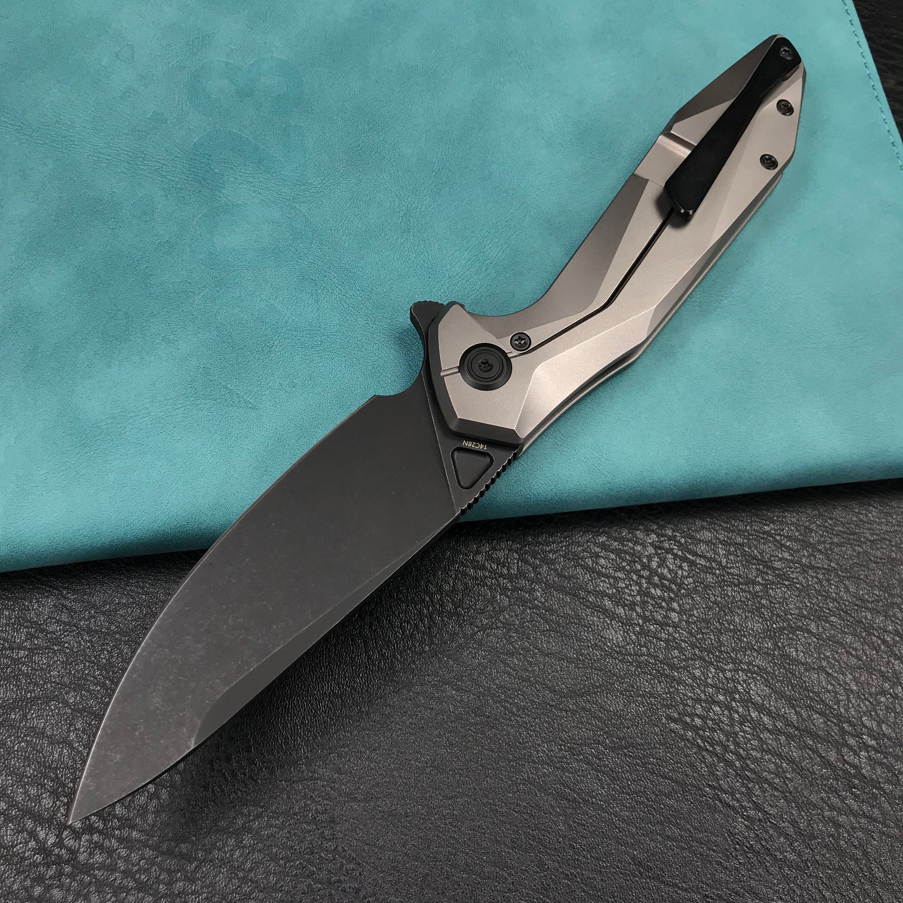 KUBEY KB235E Nova Frame Lock Flipper Folding Knife Gray 6AL4V Titanium Handle 3.66" Darkwashed 14C28N