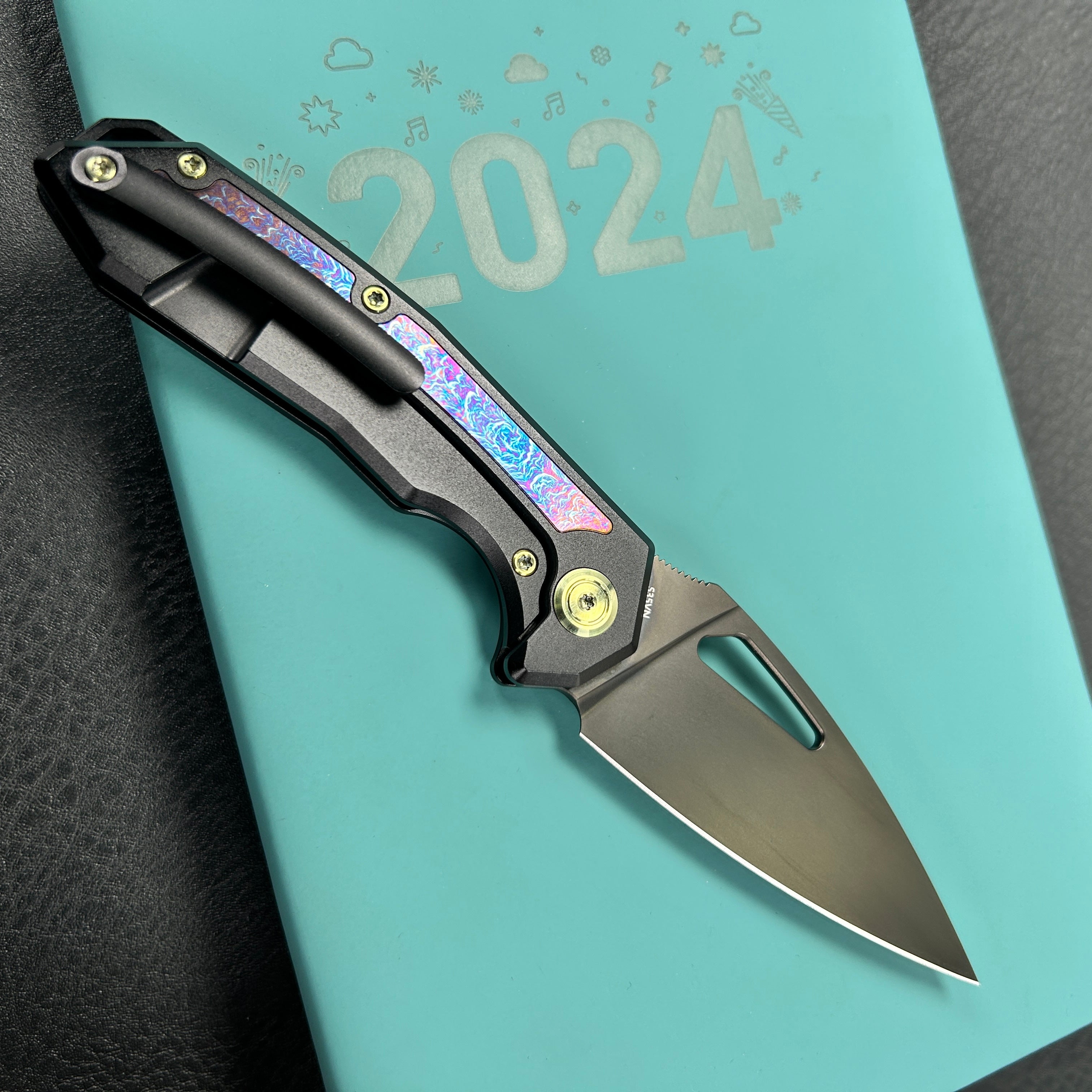 kb knives KB286B Coeus Outdoor Folding Knife Black Titanium Handle w/Timascus Inlays 3.11" Black DLC S35VN Blade