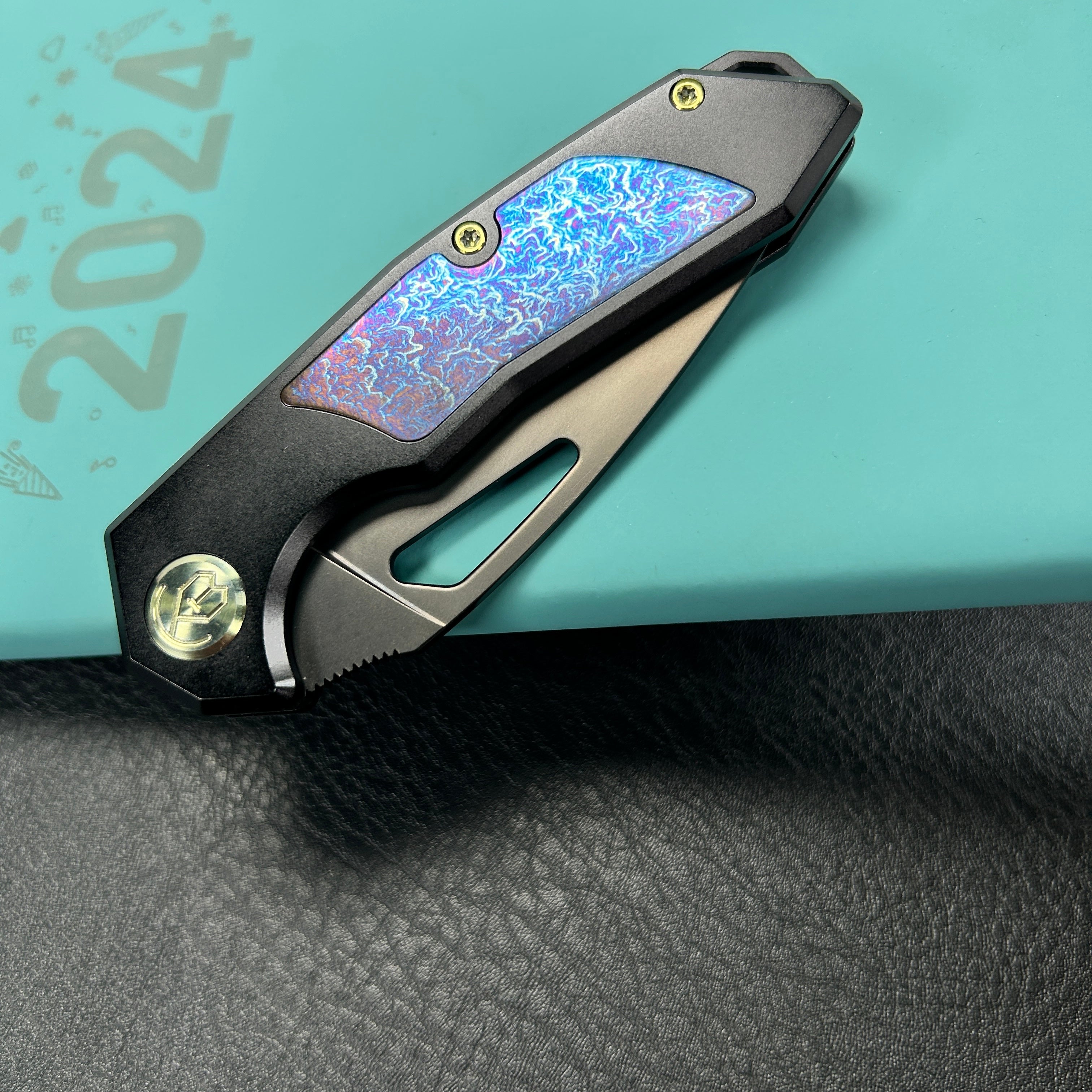 kb knives KB286B Coeus Outdoor Folding Knife Black Titanium Handle w/Timascus Inlays 3.11" Black DLC S35VN Blade