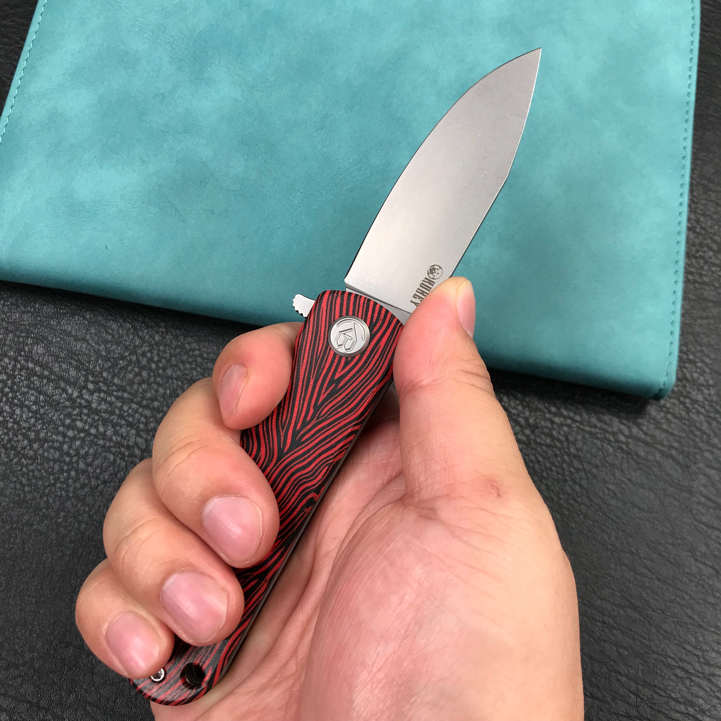 KUBEY KU371E NEO Outdoor Folding Pocket Knife Red black Damascus G10 Handle 3.43" Beadblast AUS-10