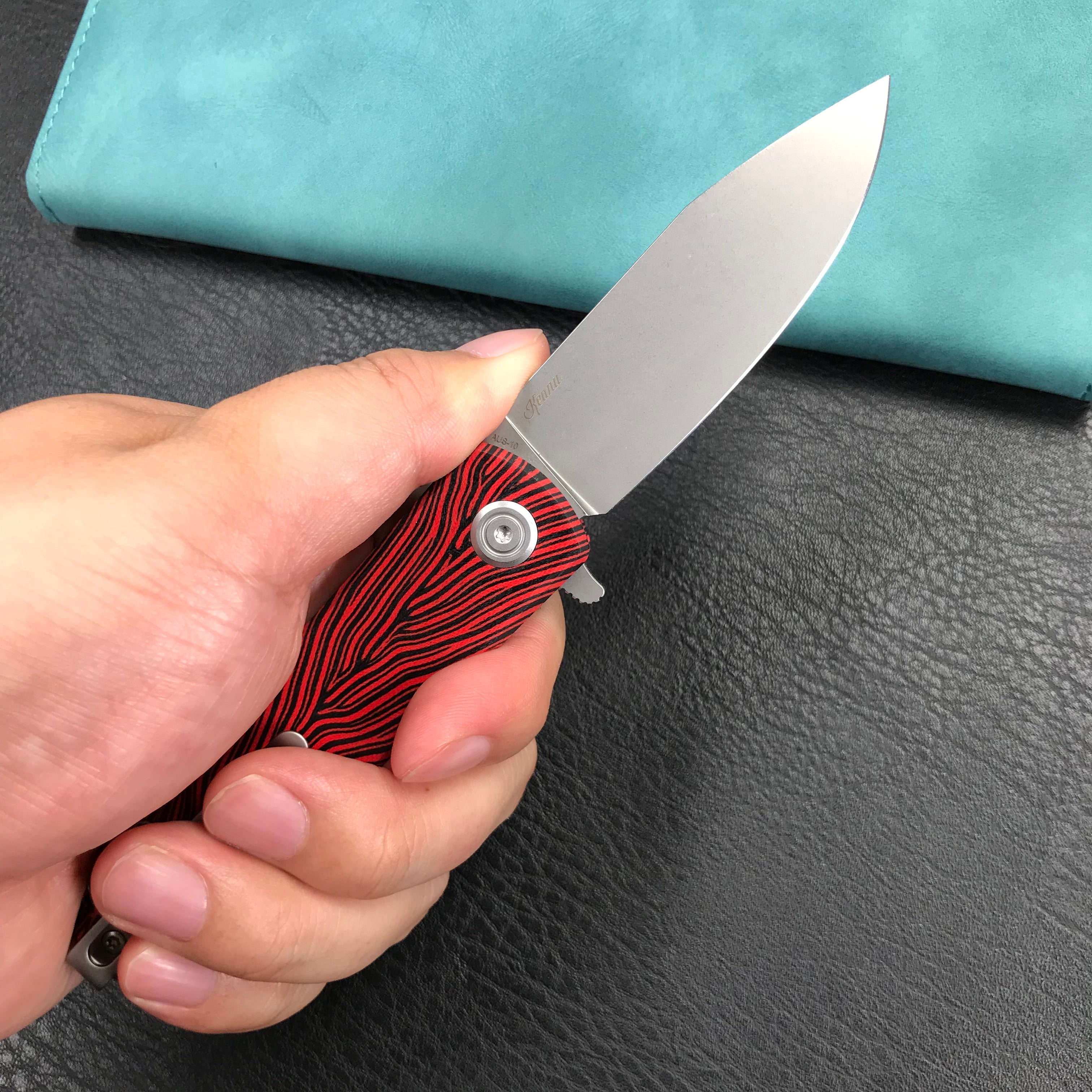 KUBEY KU371E NEO Outdoor Folding Pocket Knife Red black Damascus G10 Handle 3.43" Beadblast AUS-10