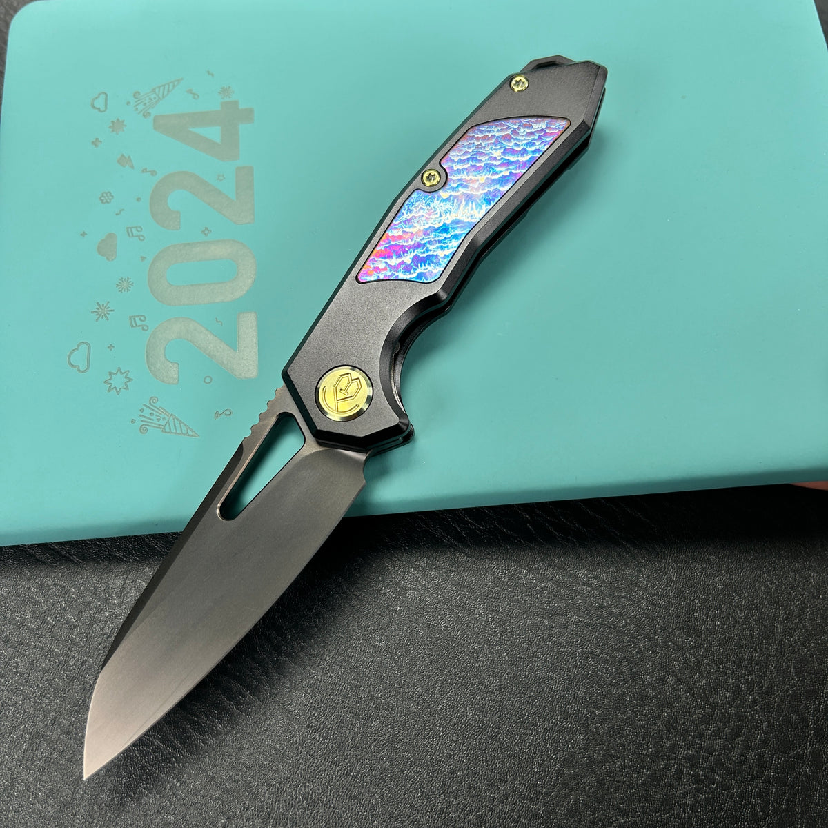 kb knives KB284I Vagrant Pocket Knife Everyday Carry Black Titanium Handle with Timascus Inlays 2.95" Black DLC S35VN Blade